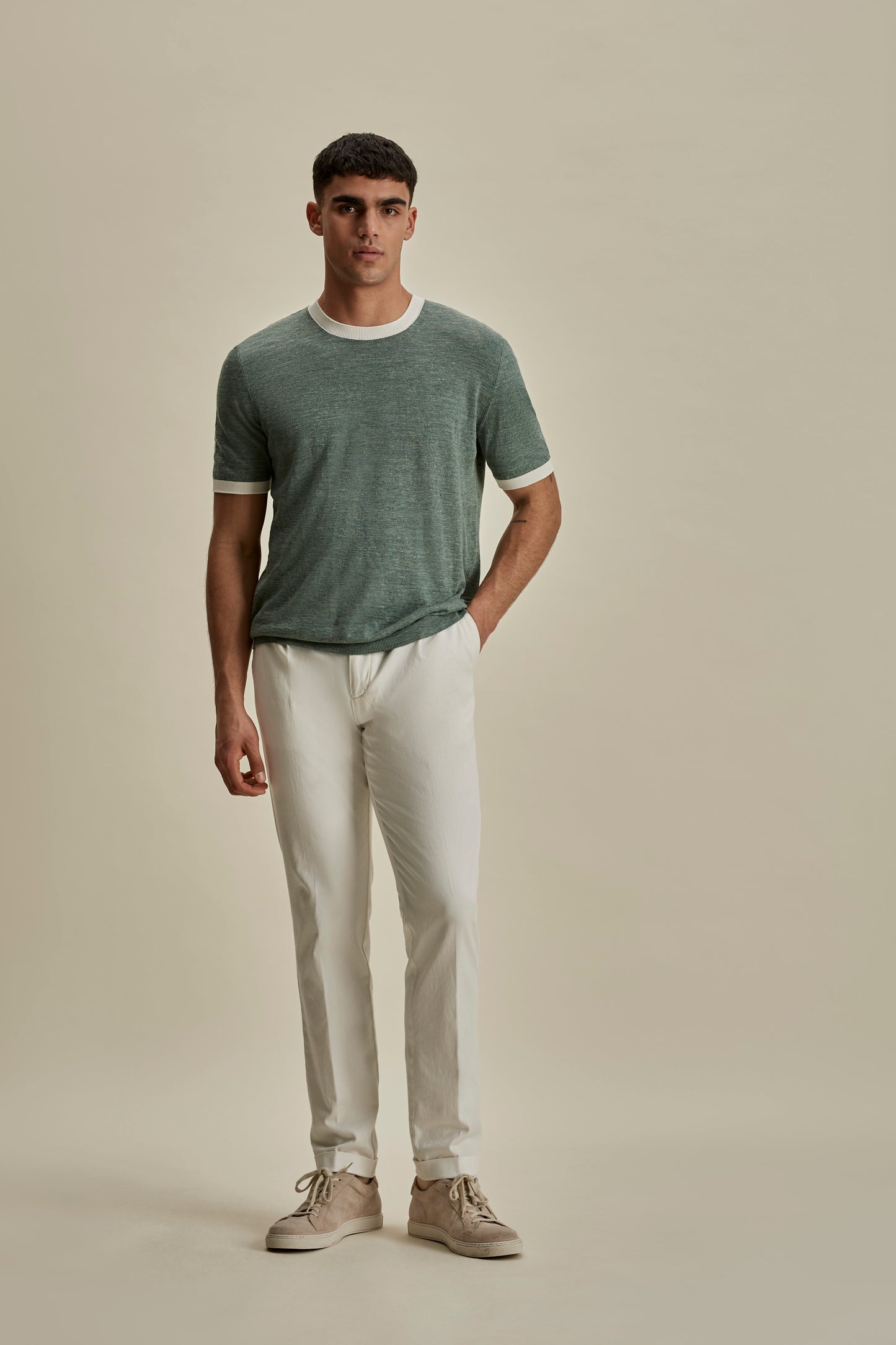 Linen Cotton Contrast Rib T-Shirt Green Full Length Model Image