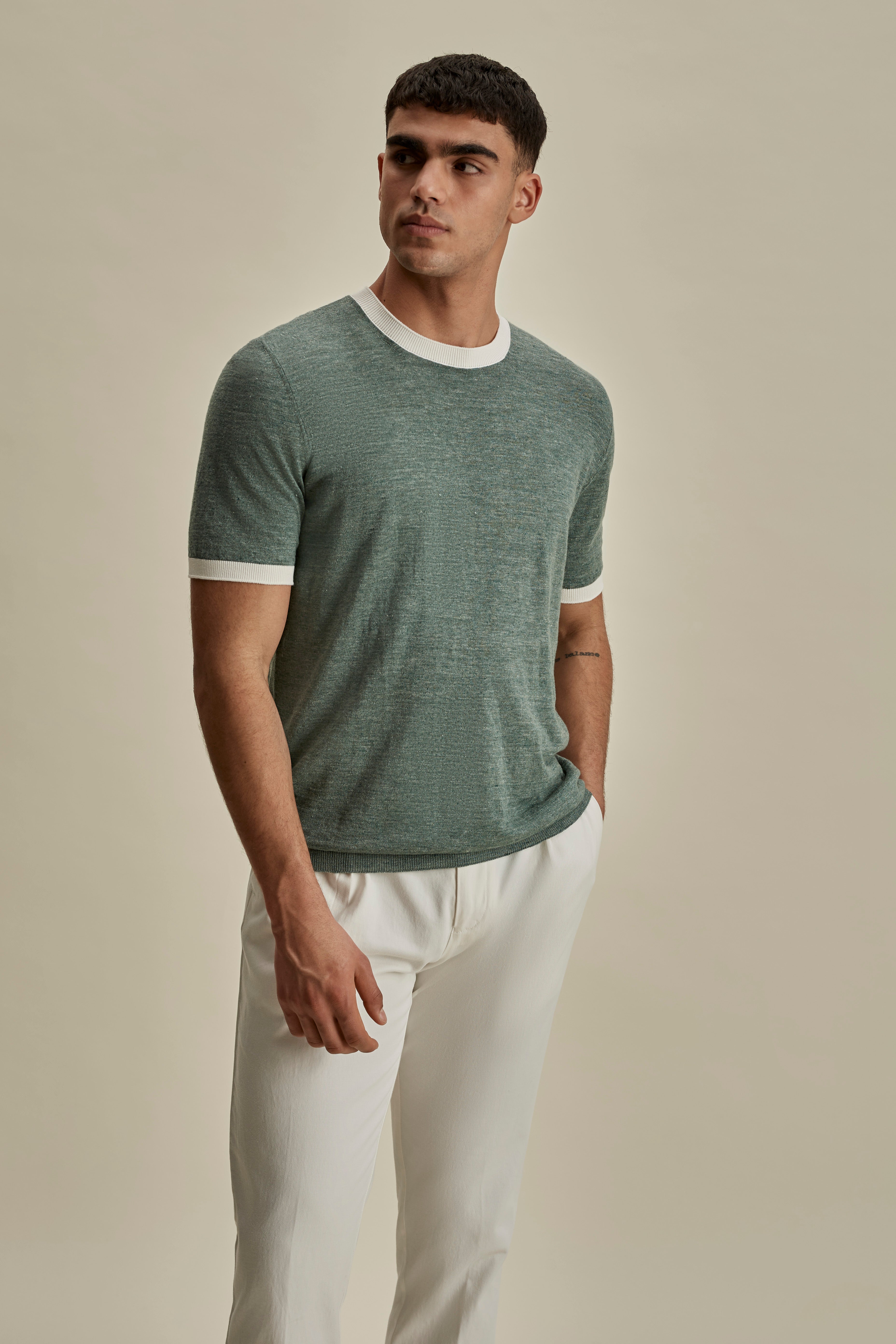 Linen Cotton Contrast Rib T-Shirt Green Mid Crop Model Image