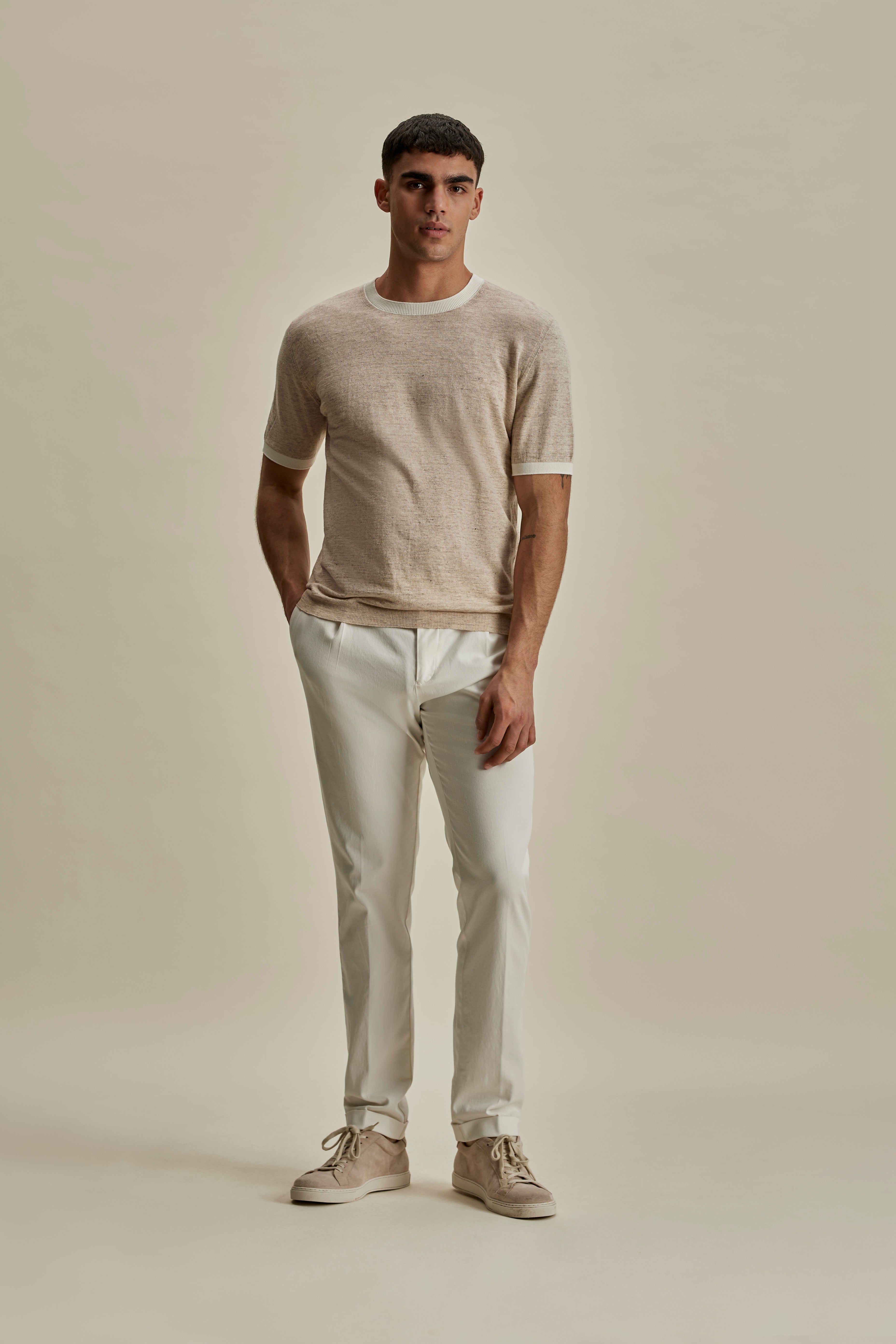 Linen Cotton Contrast Rib T-Shirt Sand White Full Length Model Image