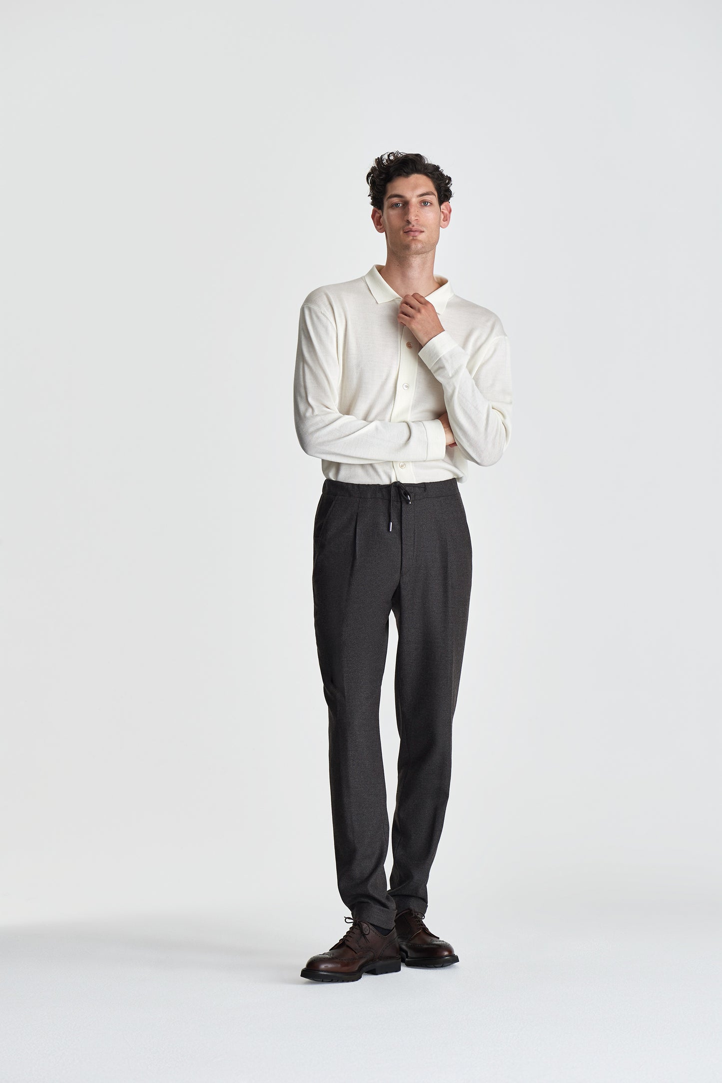 Merino Wool Extrafine Long Sleeve Button Through Polo Shirt Off White Model Image