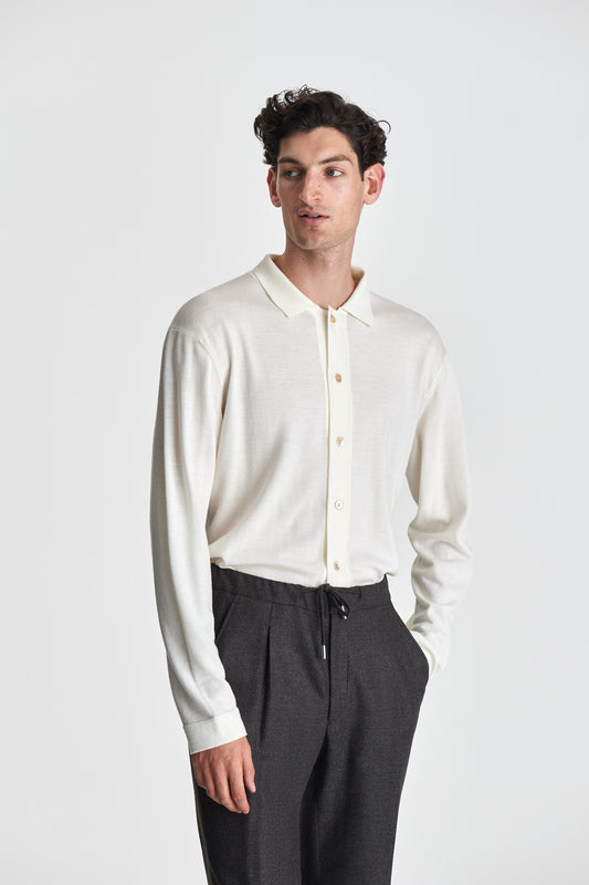 Merino Wool Extrafine Long Sleeve Button Through Polo Shirt Off White Model Cropped Image
