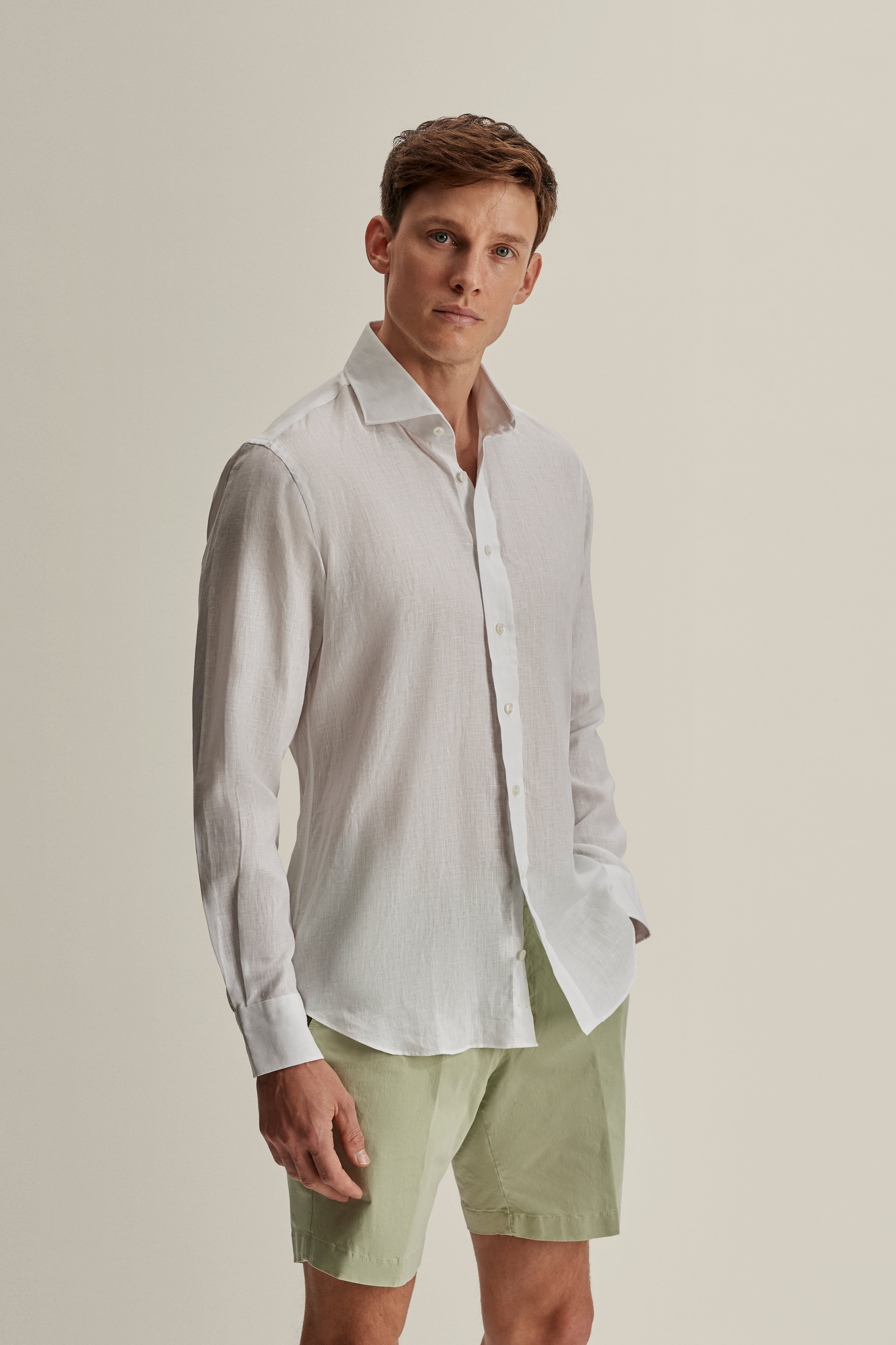 Linen Cutaway Collar Shirt White Mid Crop Model Image