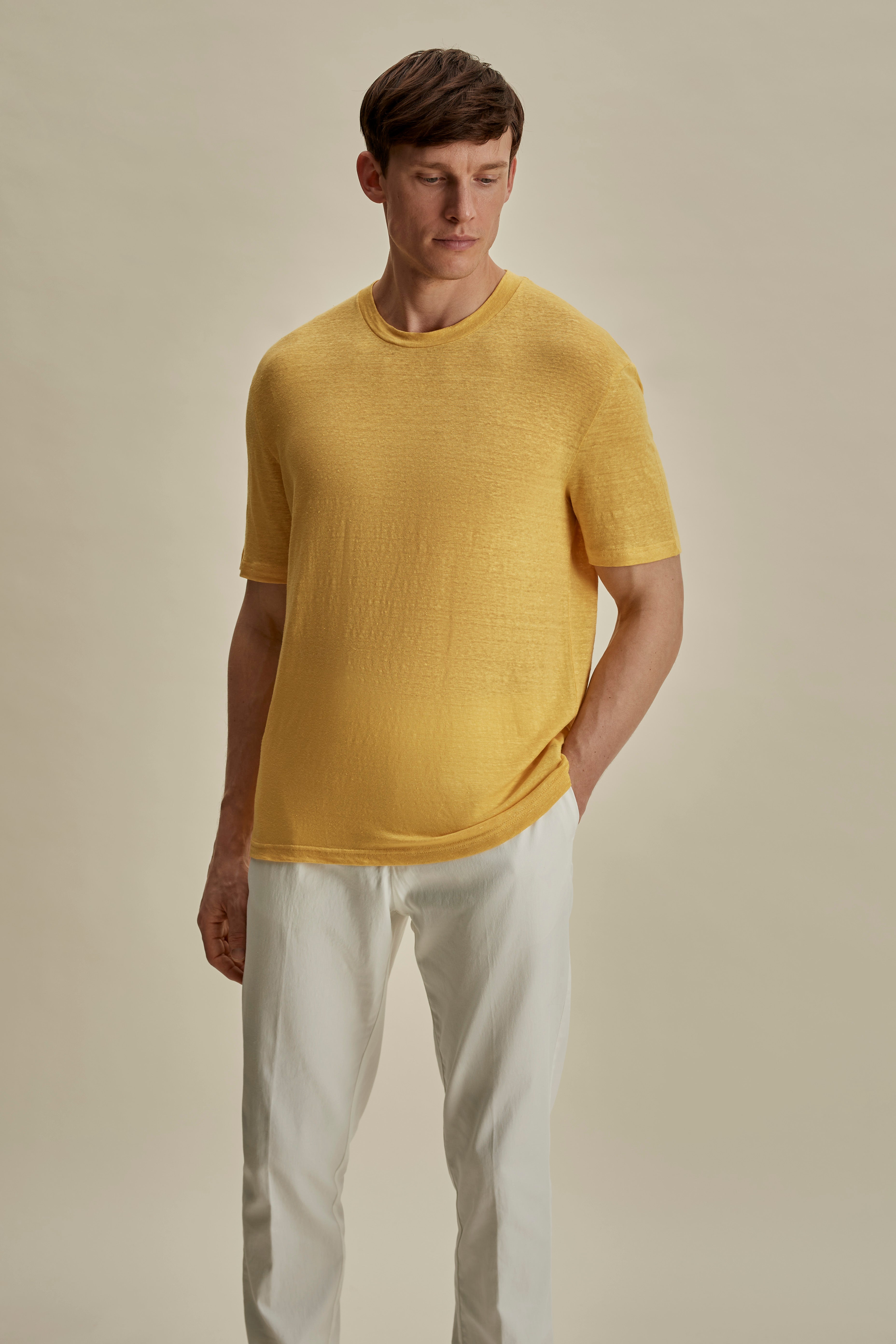Linen Jersey T-Shirt canary Yellow Mid Crop Model Image