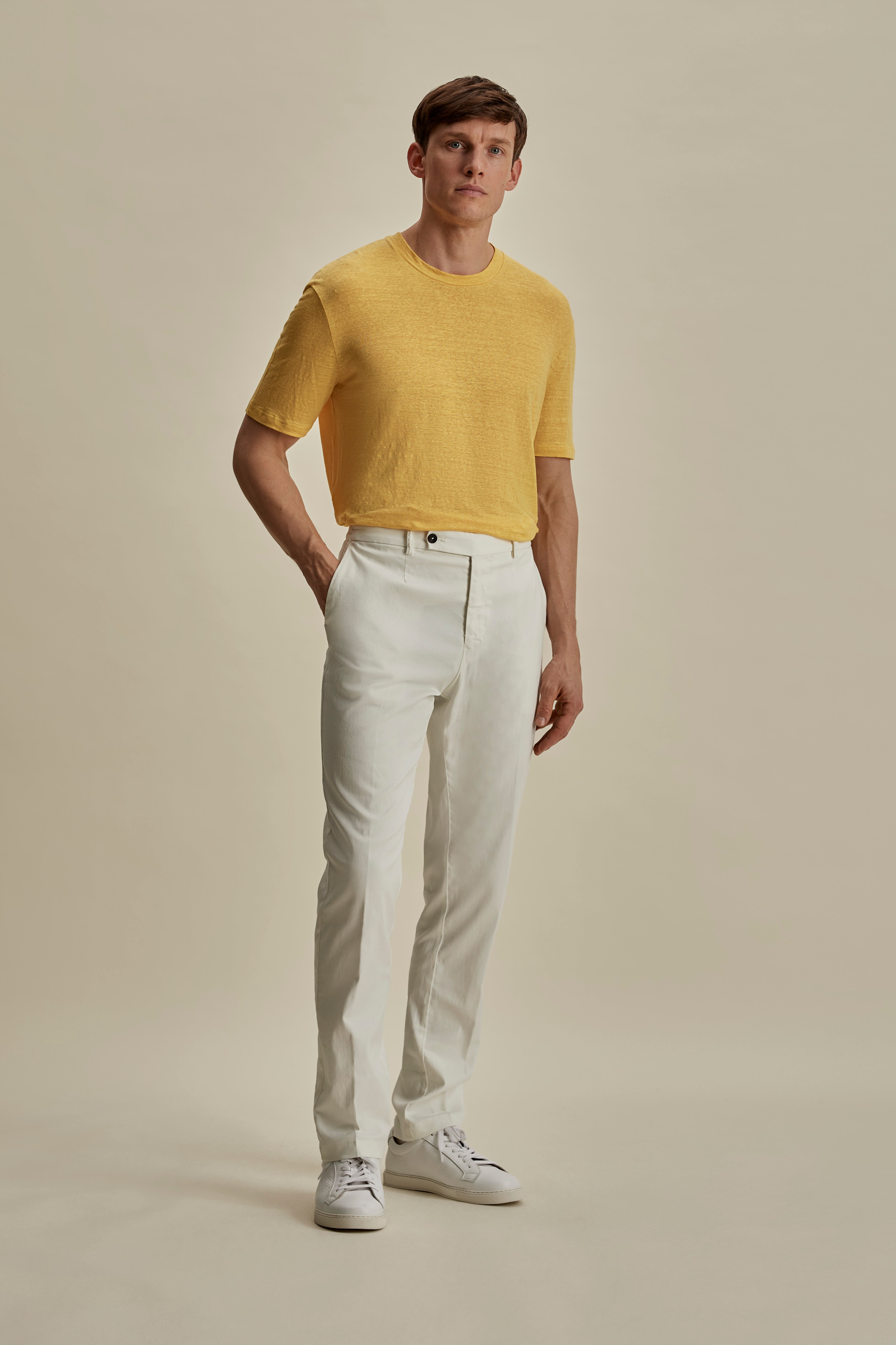 Cotton Easy Fit Flat Front Chinos White Full Length Model Image