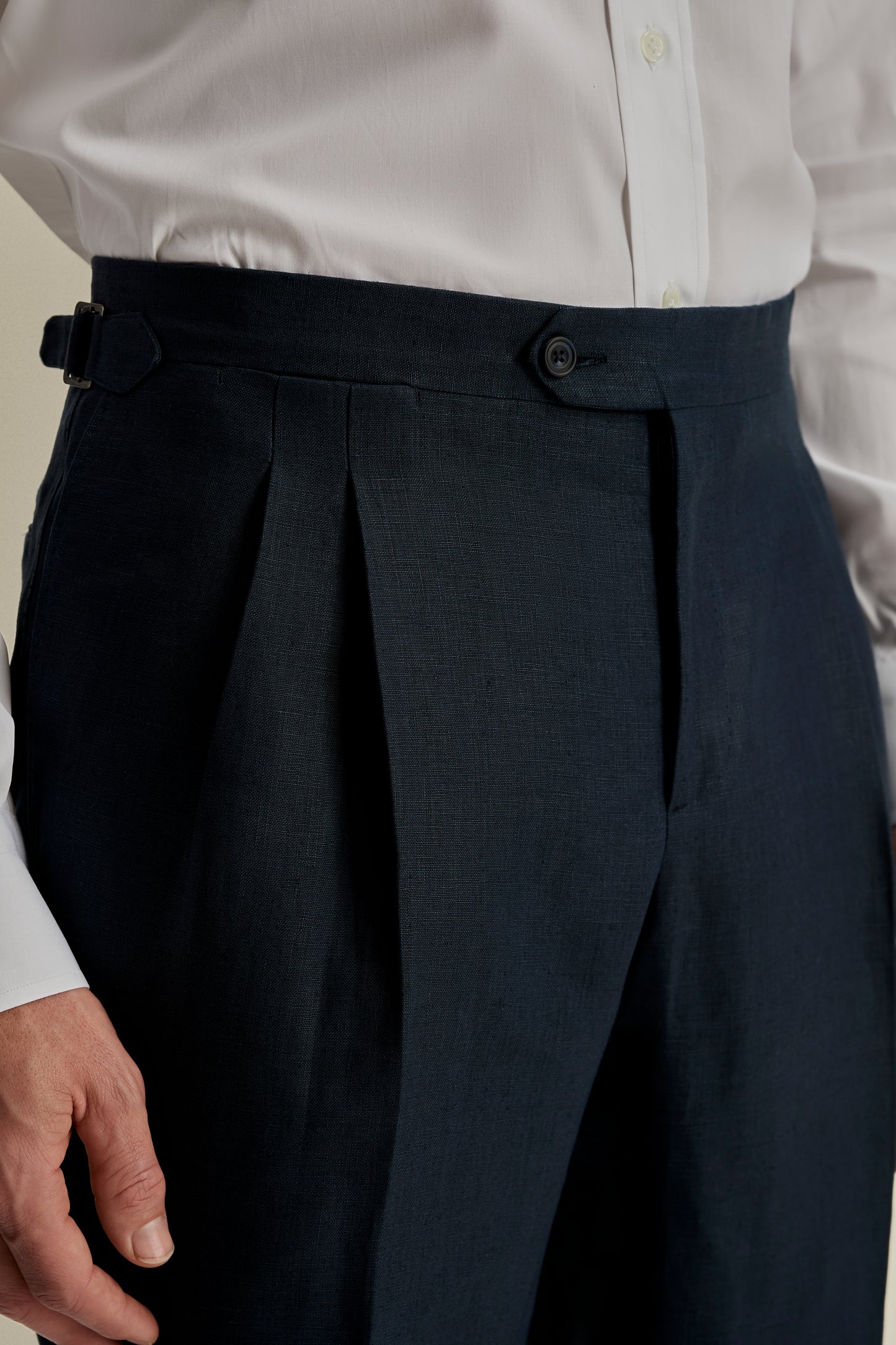 Linen Double Pleat Tailored Trousers Detail Model Image