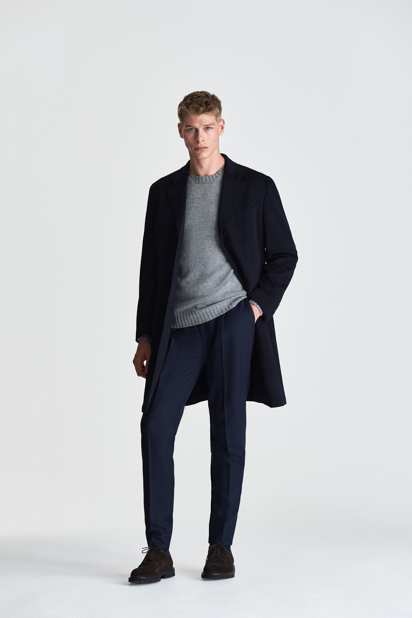 Single Breasted Wool Cashmere Overcoat Navy Model Image