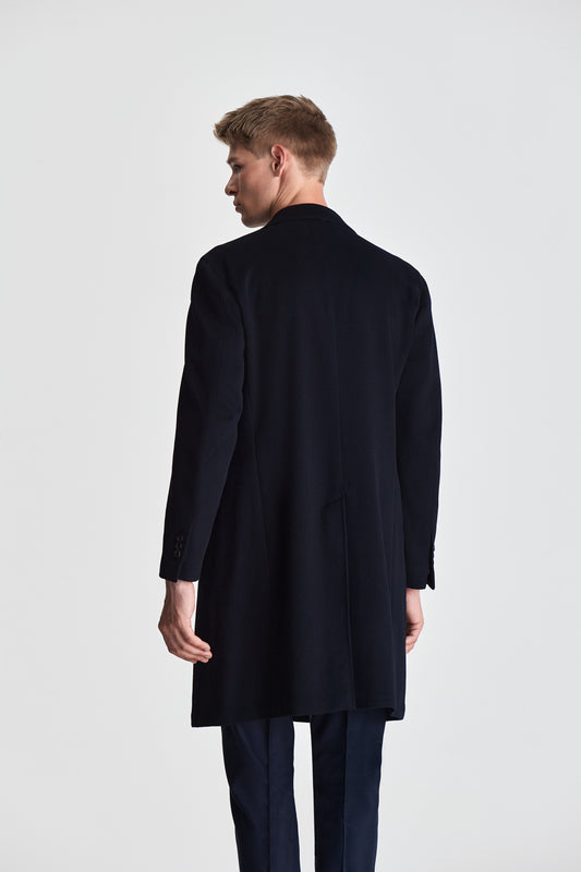 Single Breasted Wool Cashmere Overcoat Navy Model Back Image