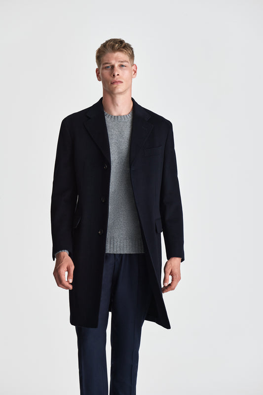 Single Breasted Wool Cashmere Overcoat Navy Model Cropped Image