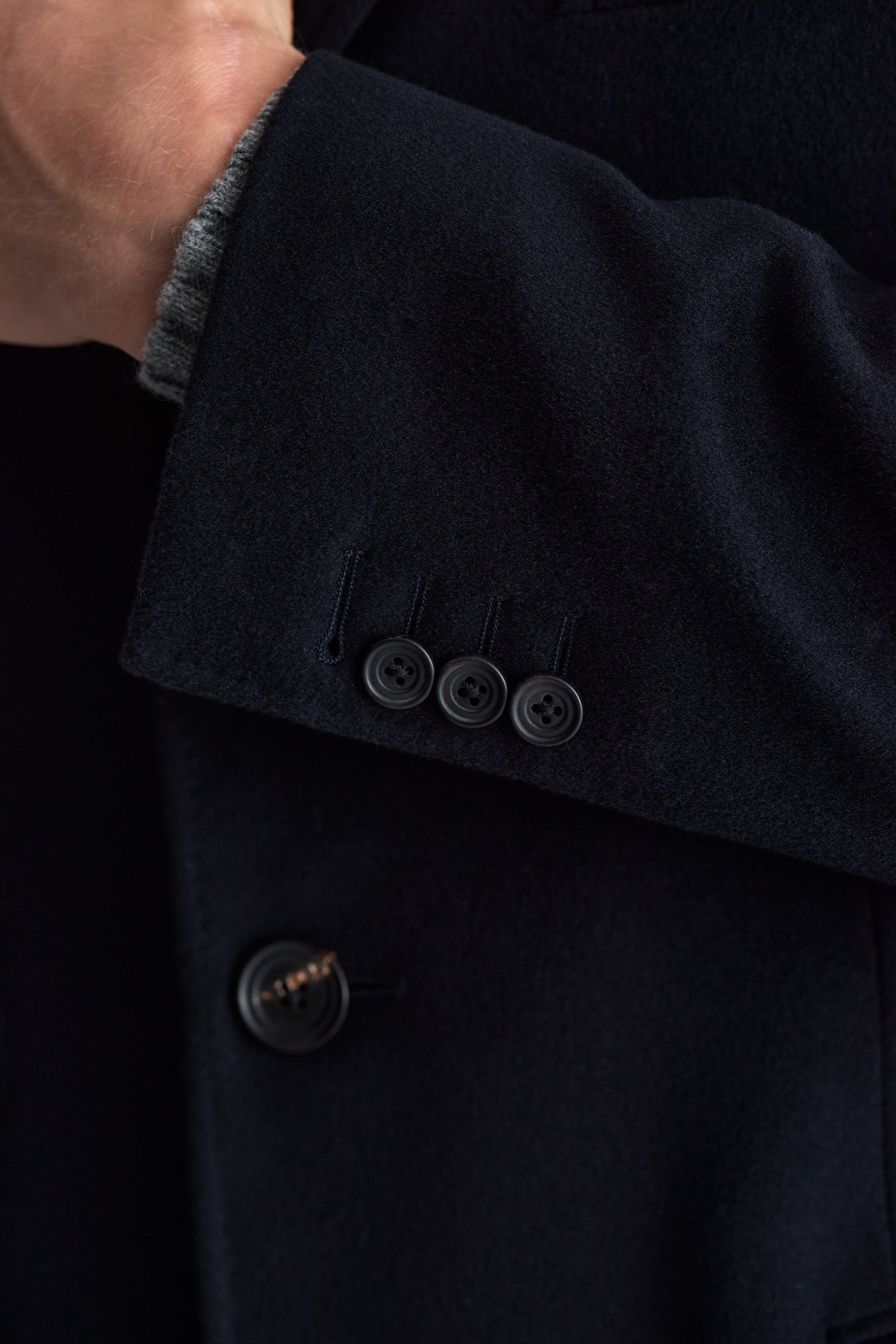 Single Breasted Wool Cashmere Overcoat Navy Model Sleeve Image