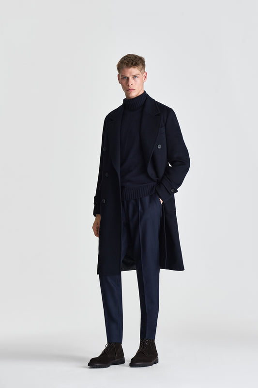 Cashmere Unstructured Double Breasted Overcoat Navy Model Image