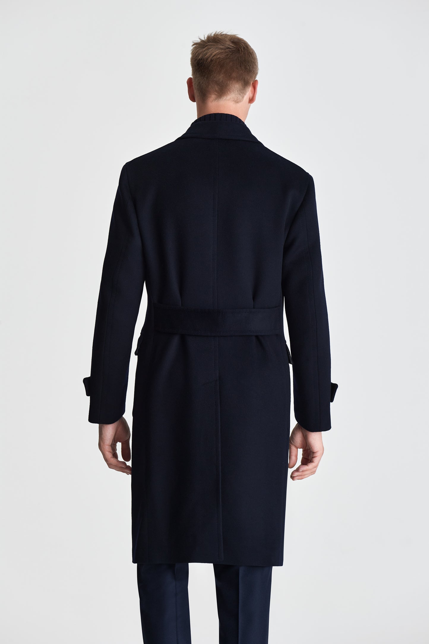 Cashmere Unstructured Double Breasted Overcoat Navy Model Back Image