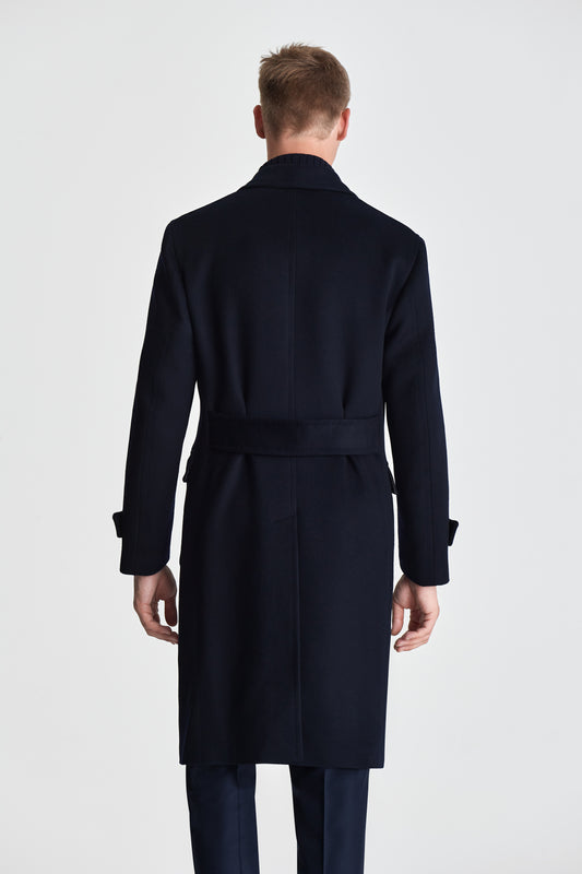 Cashmere Unstructured Double Breasted Overcoat Navy Model Back Image