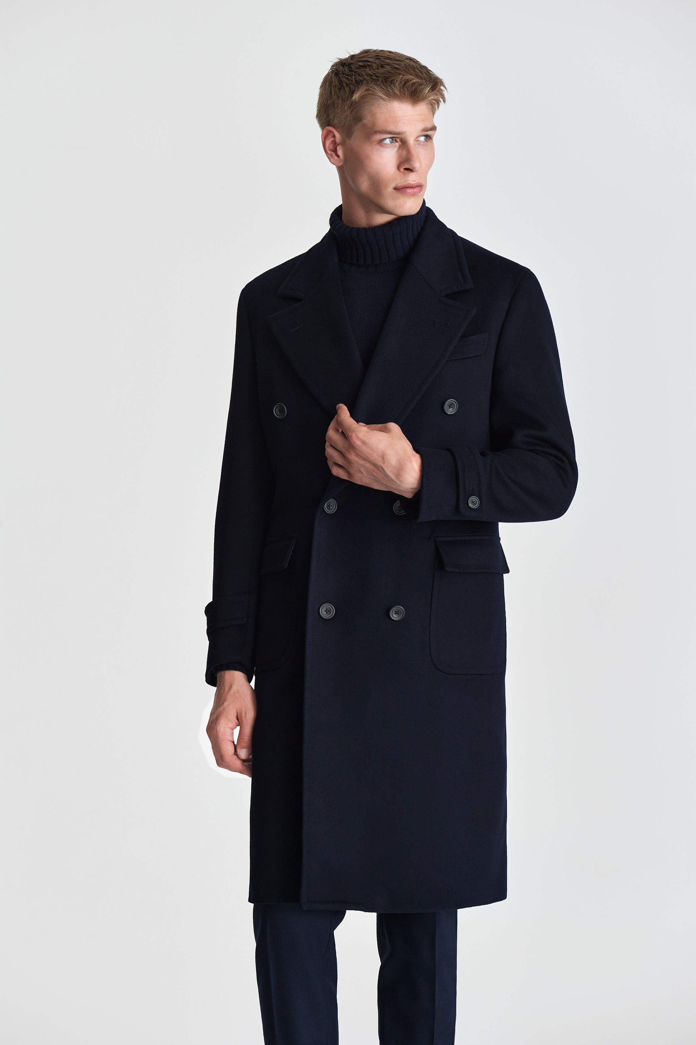 Cashmere Unstructured Double Breasted Overcoat Navy Model Cropped Image