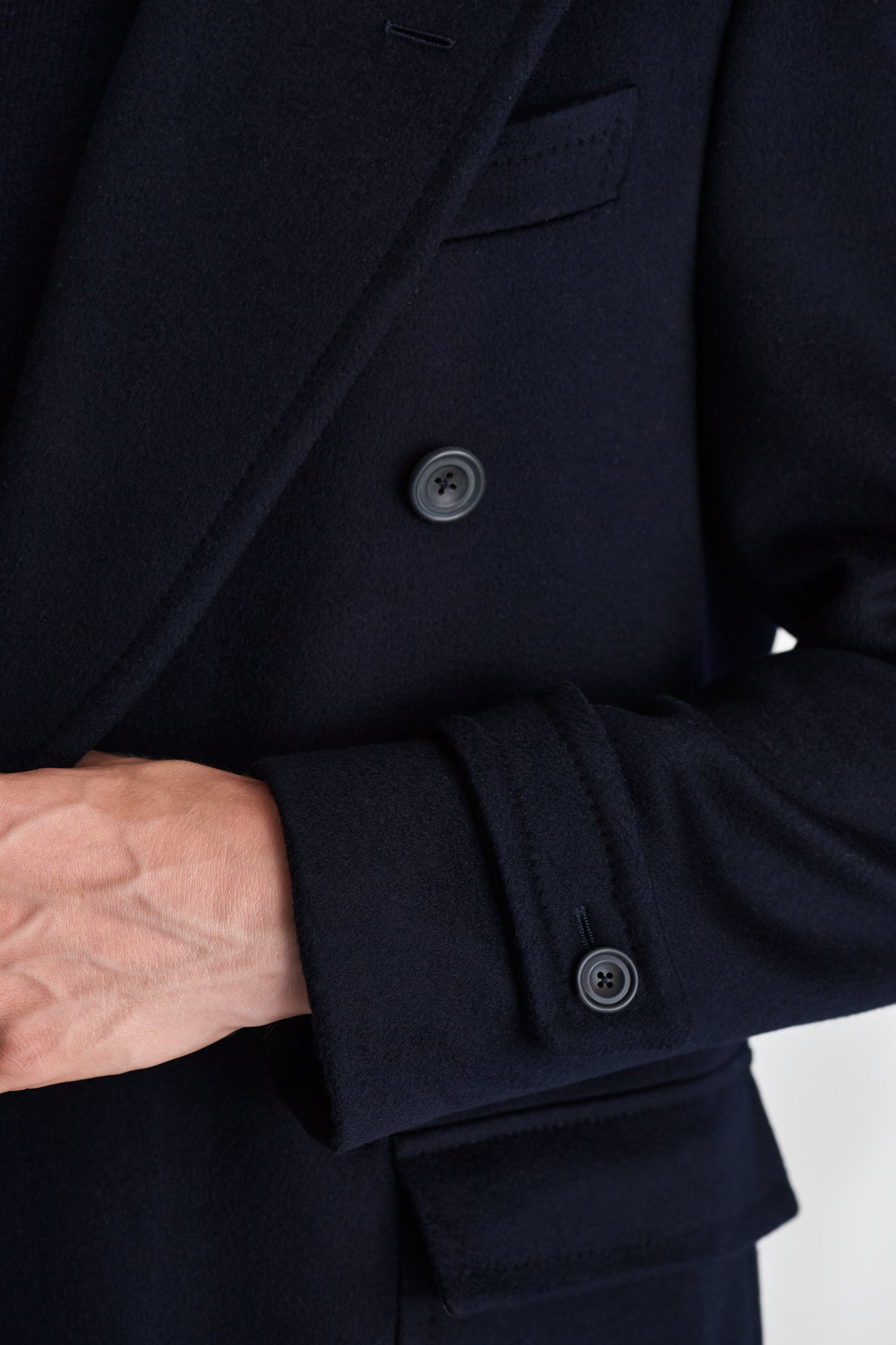 Cashmere Unstructured Double Breasted Overcoat Navy Model Sleeve Image