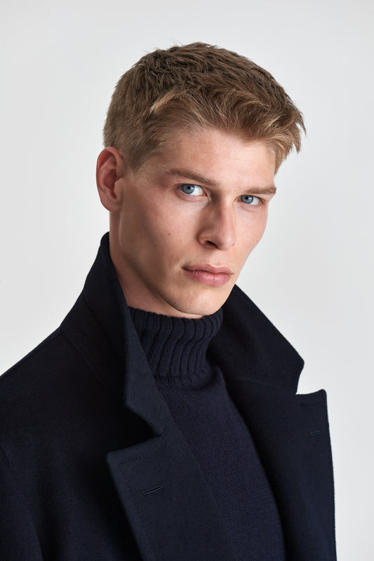 Cashmere Unstructured Double Breasted Overcoat Navy Model Collar Image
