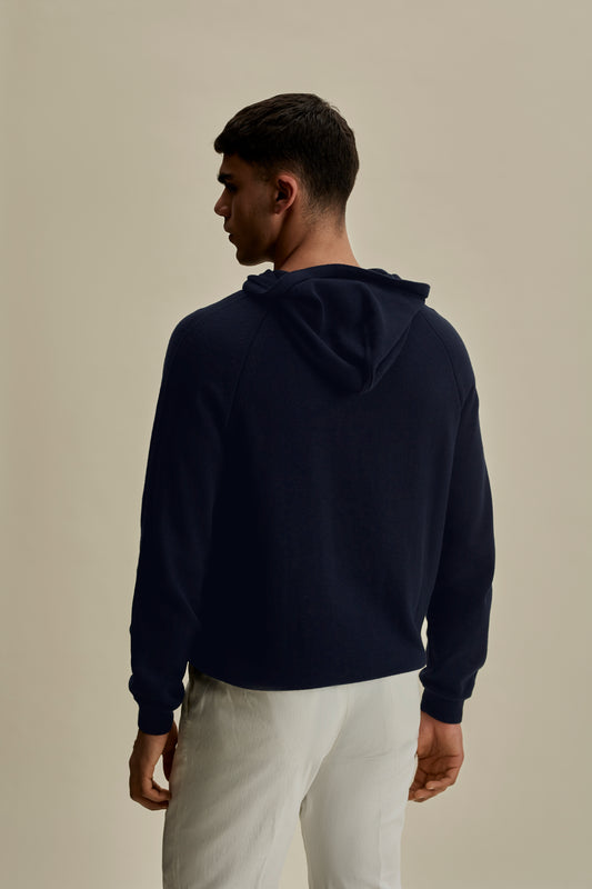 Cotton Cable Hoodie Navy Mid Crop Back Model Image