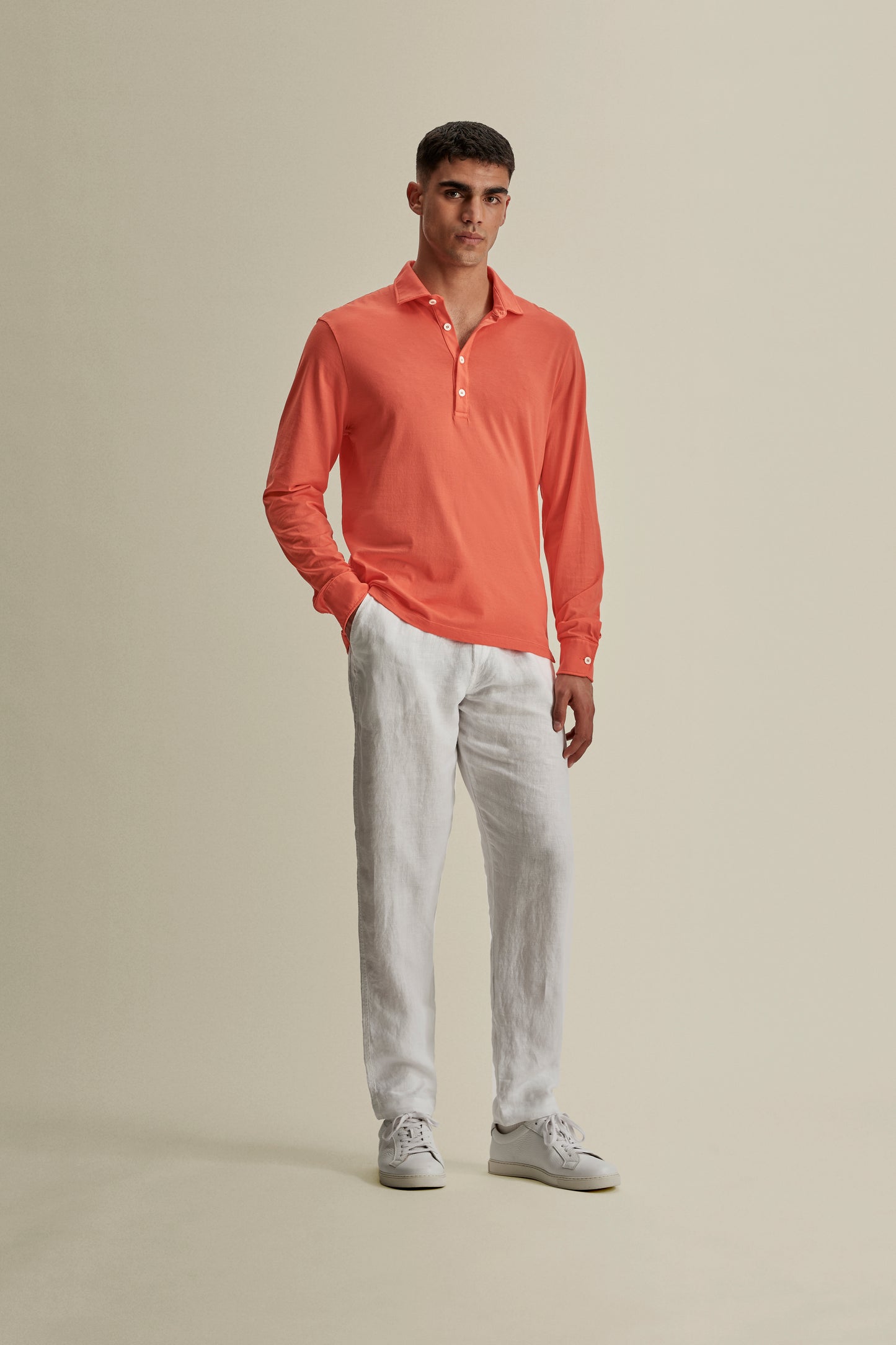 Cotton Long Sleeve Polo Shirt Burnt Orange Full Length Model Image