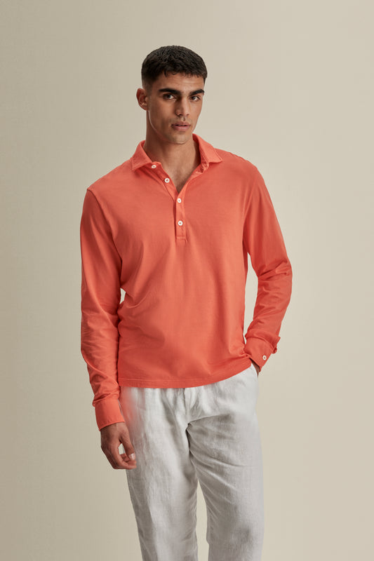 Cotton Long Sleeve Polo Shirt Burnt Orange Crop Model Image