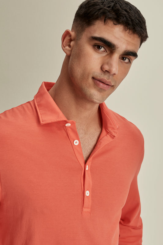 Cotton Long Sleeve Polo Shirt Burnt Orange Detail Model Image