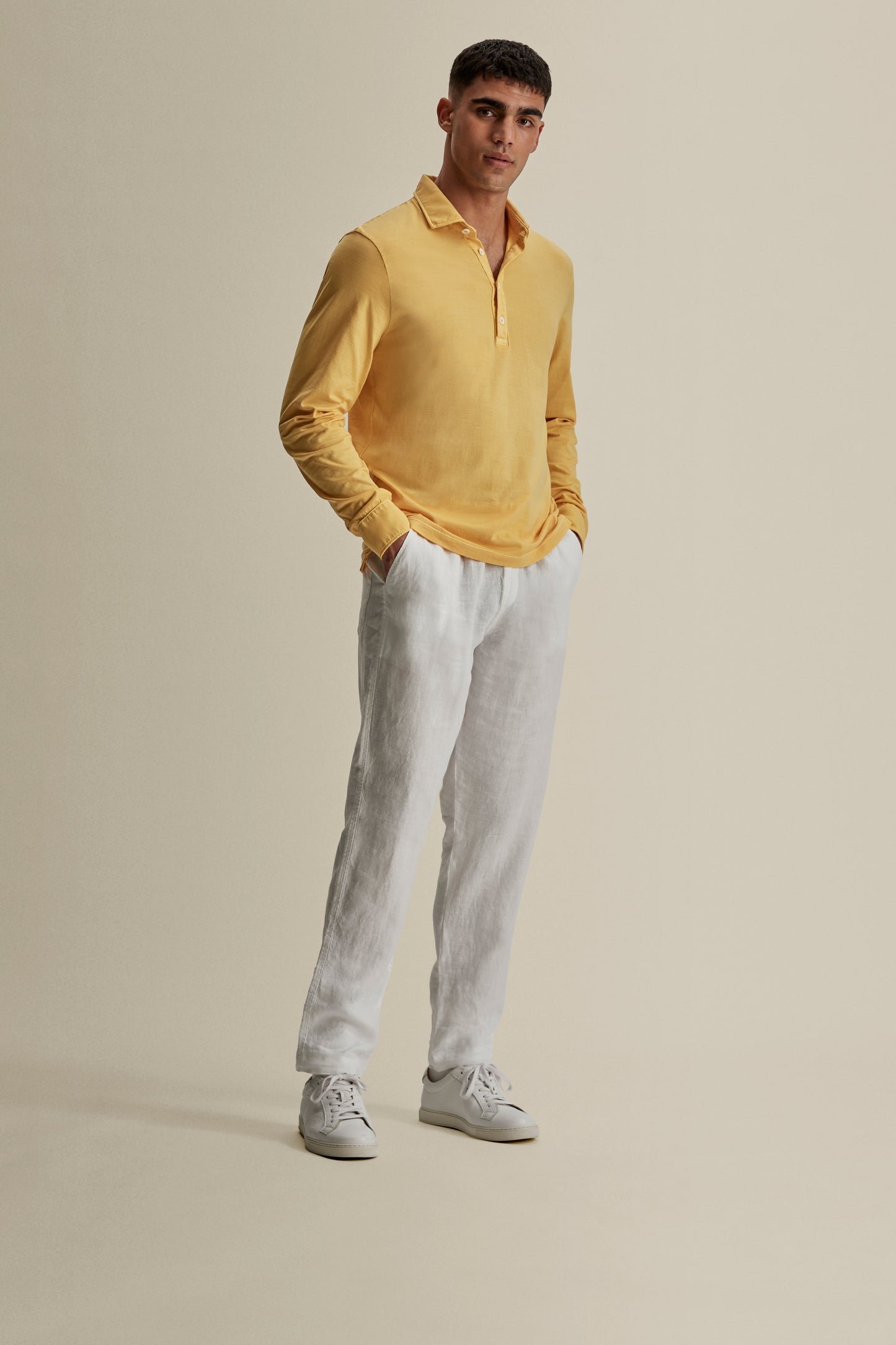 Cotton Long Sleeve Polo Shirt Canary Yellow Full Length Model Image