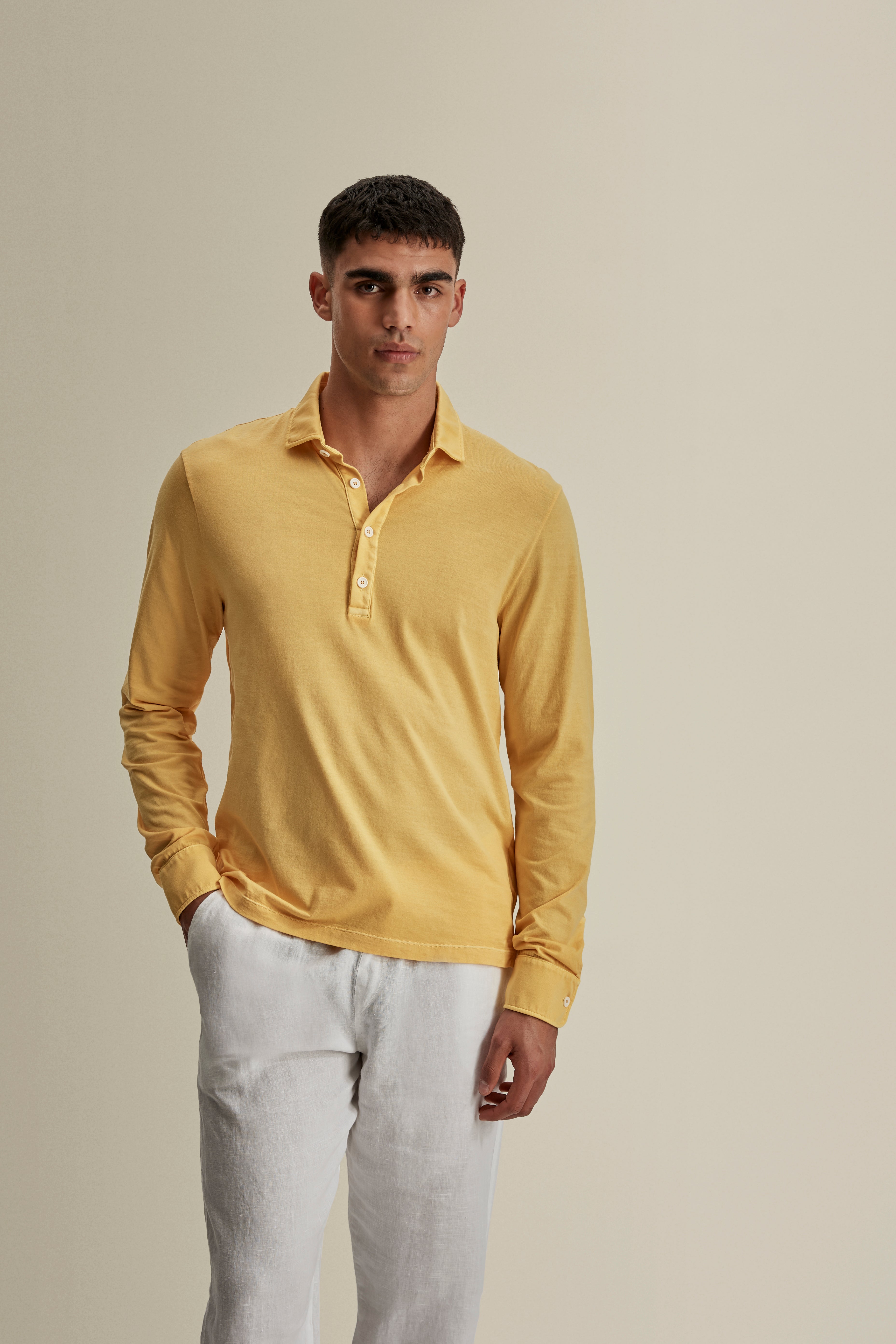 Cotton Long Sleeve Polo Shirt Canary Yellow Mid Crop Model Image