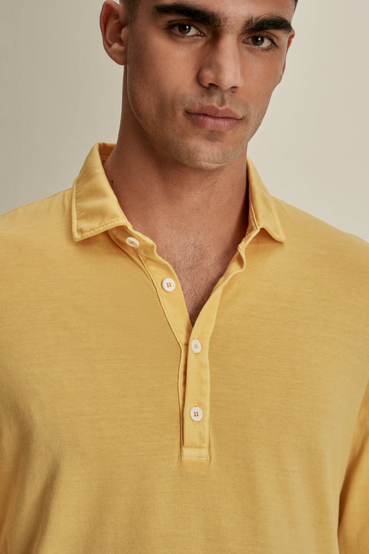 Cotton Long Sleeve Polo Shirt Canary Yellow Detail Model Image