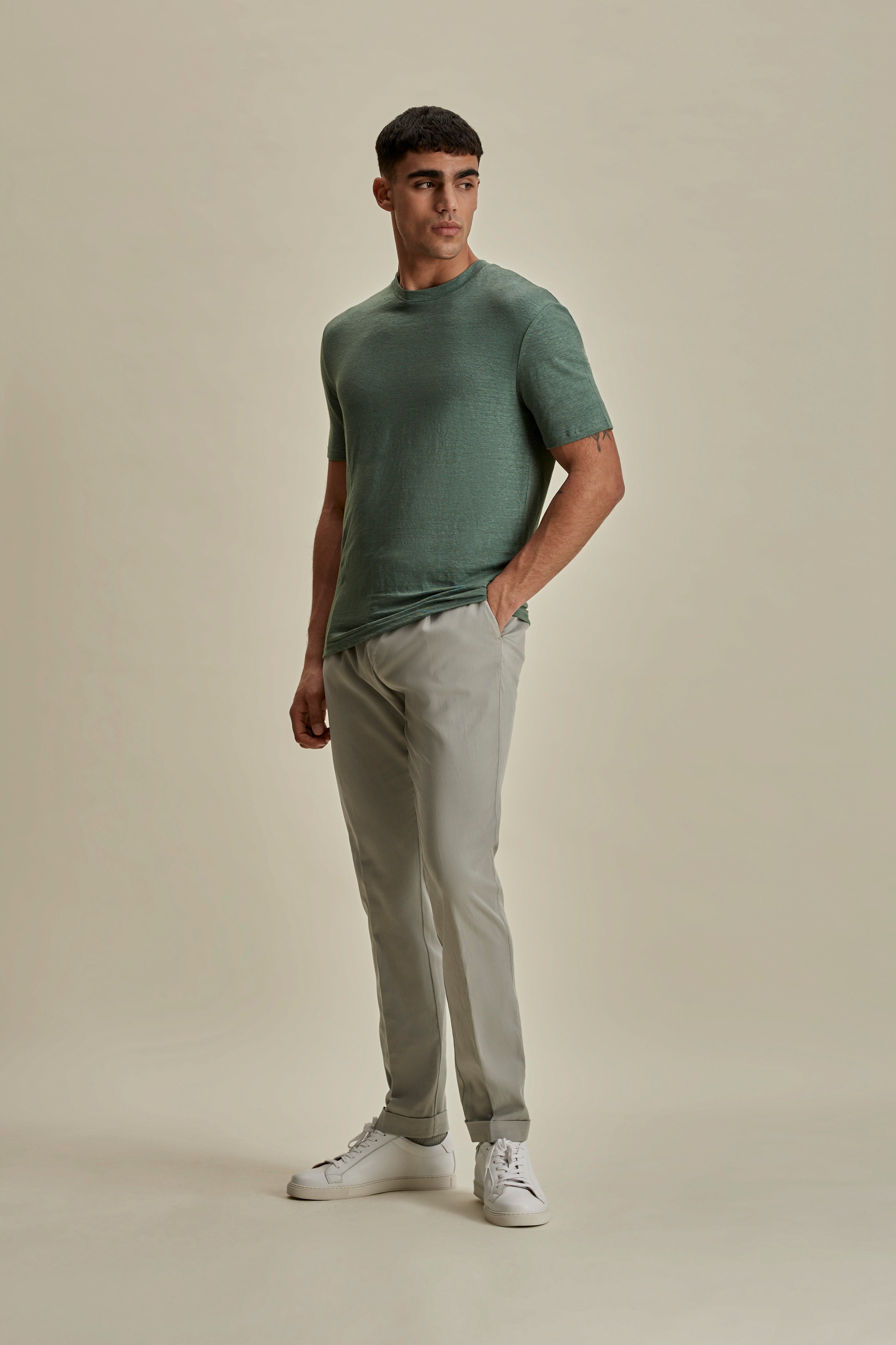 Linen Jersey T-Shirt Sage Full Length Model Image