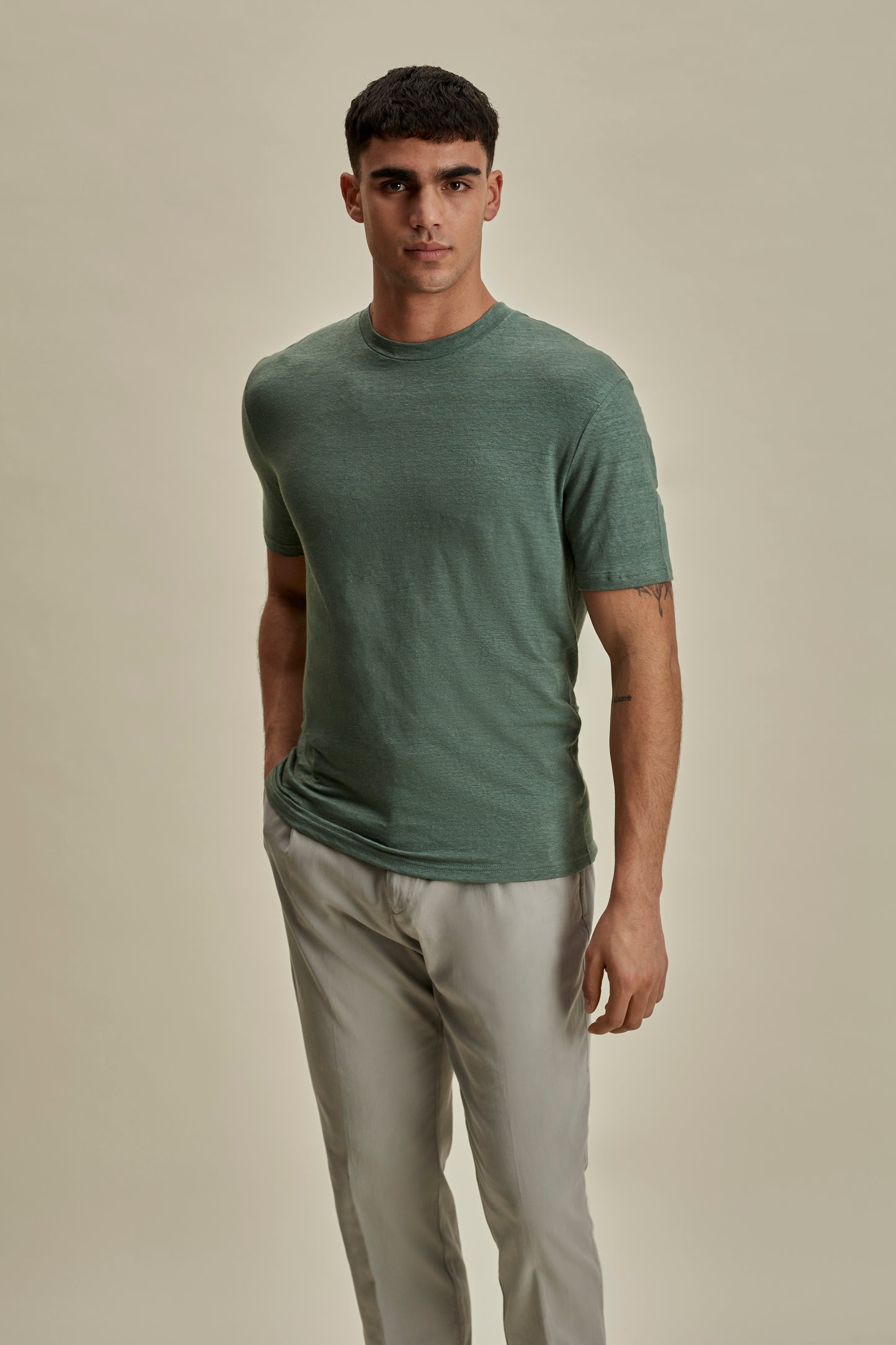Linen Jersey T-Shirt Sage Mid Crop Model Image