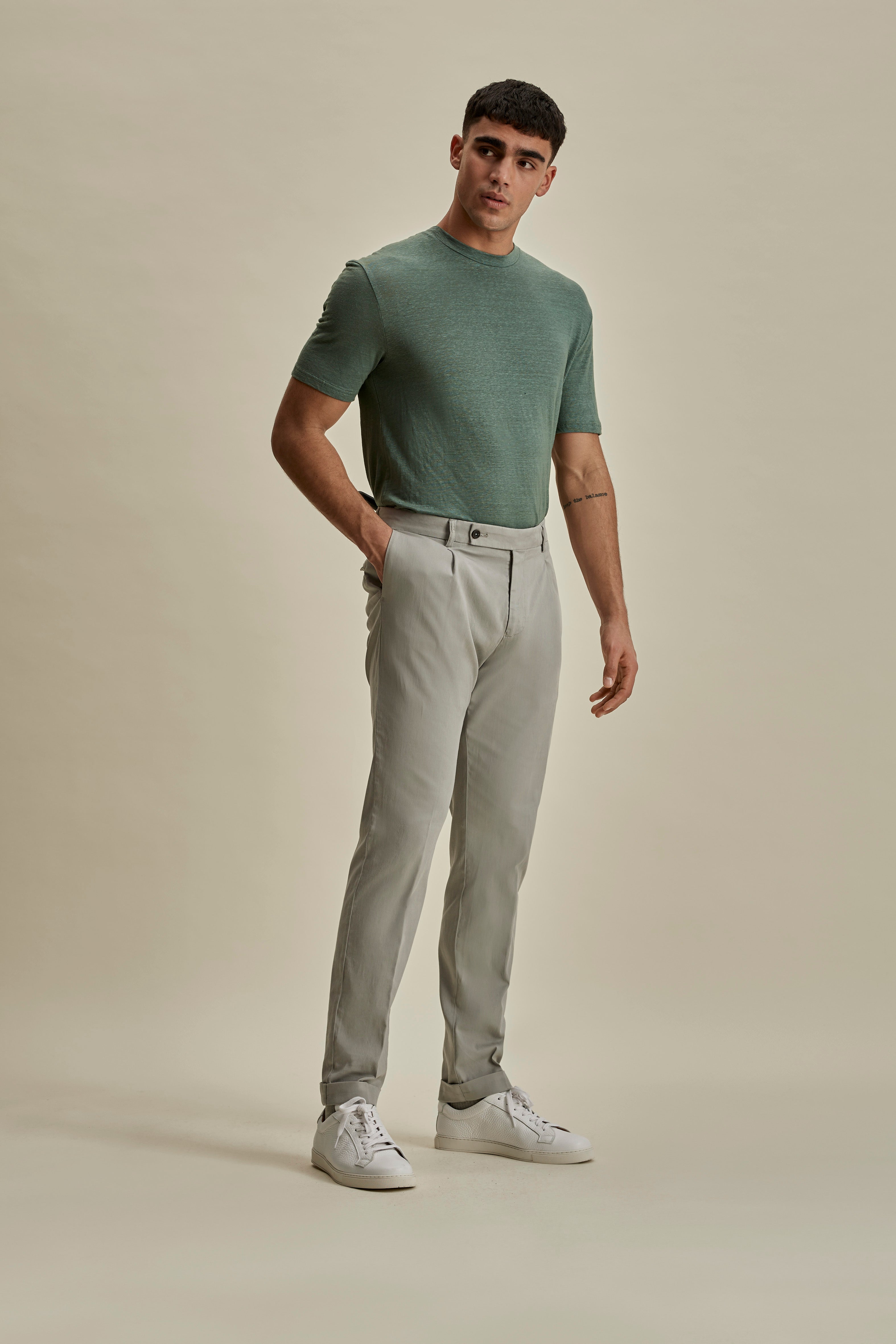 Cotton Single Pleat Chinos Taupe Full Length Model Image