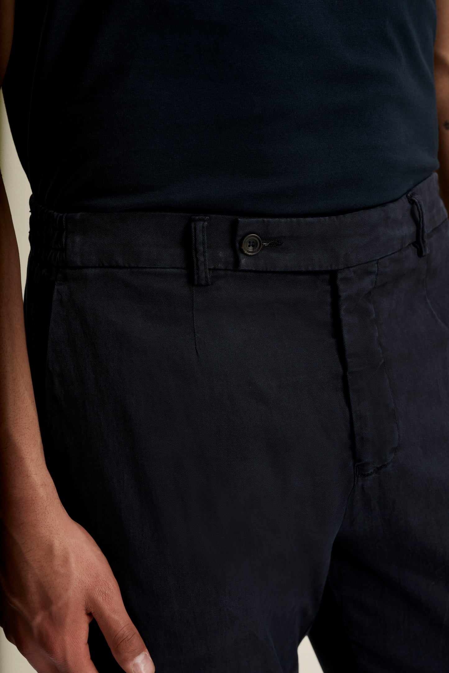 Cotton Easy Fit Flat Front Chinos Navy Detail Model Image