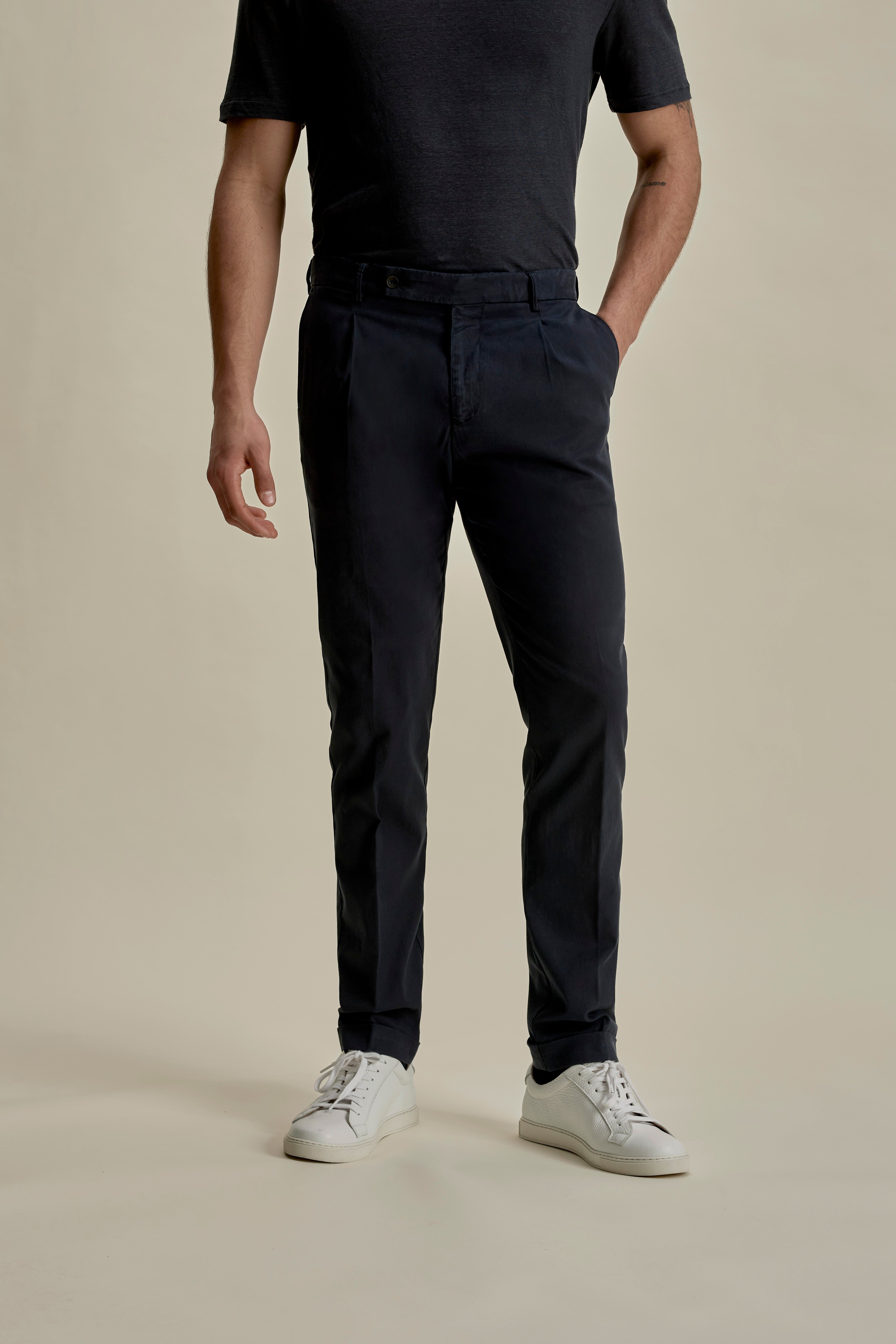 Cotton Single Pleat Chinos Navy Cropped Model Image