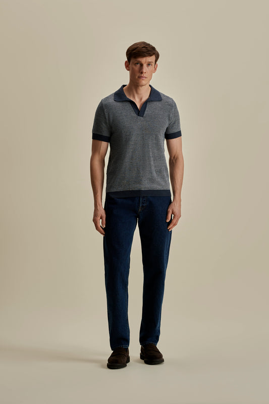 Cotton Linen Contrast Knitted Polo Shirt Dark Navy Full Length Model Image