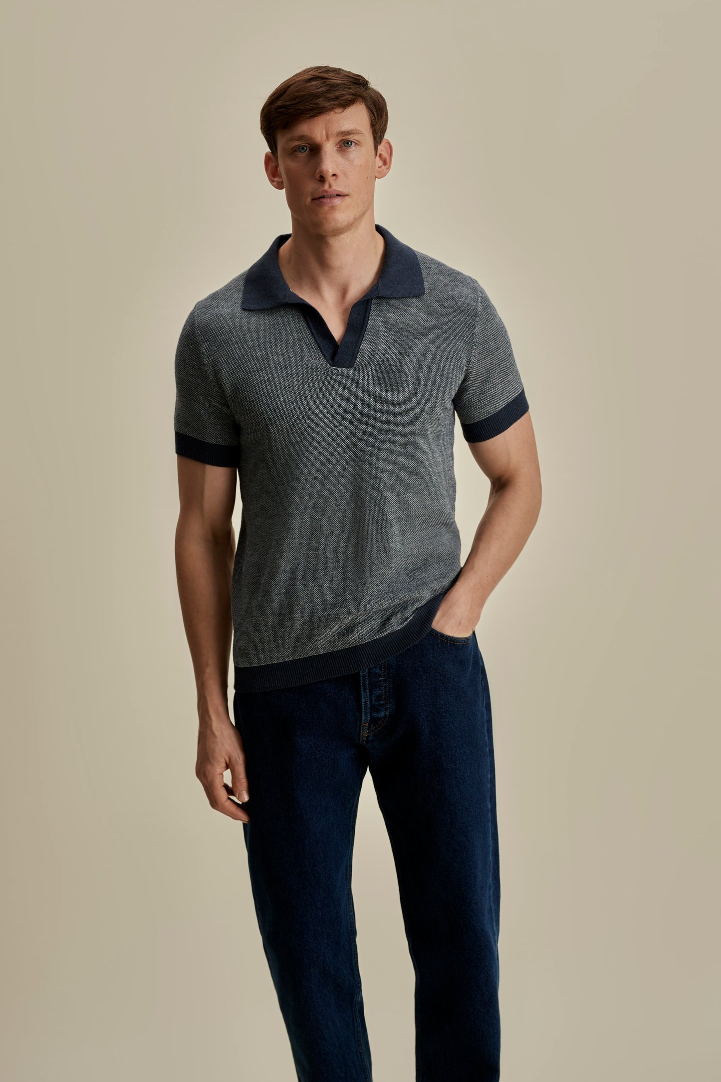 Cotton Linen Contrast Knitted Polo Shirt Dark Navy Mid Crop Model Image