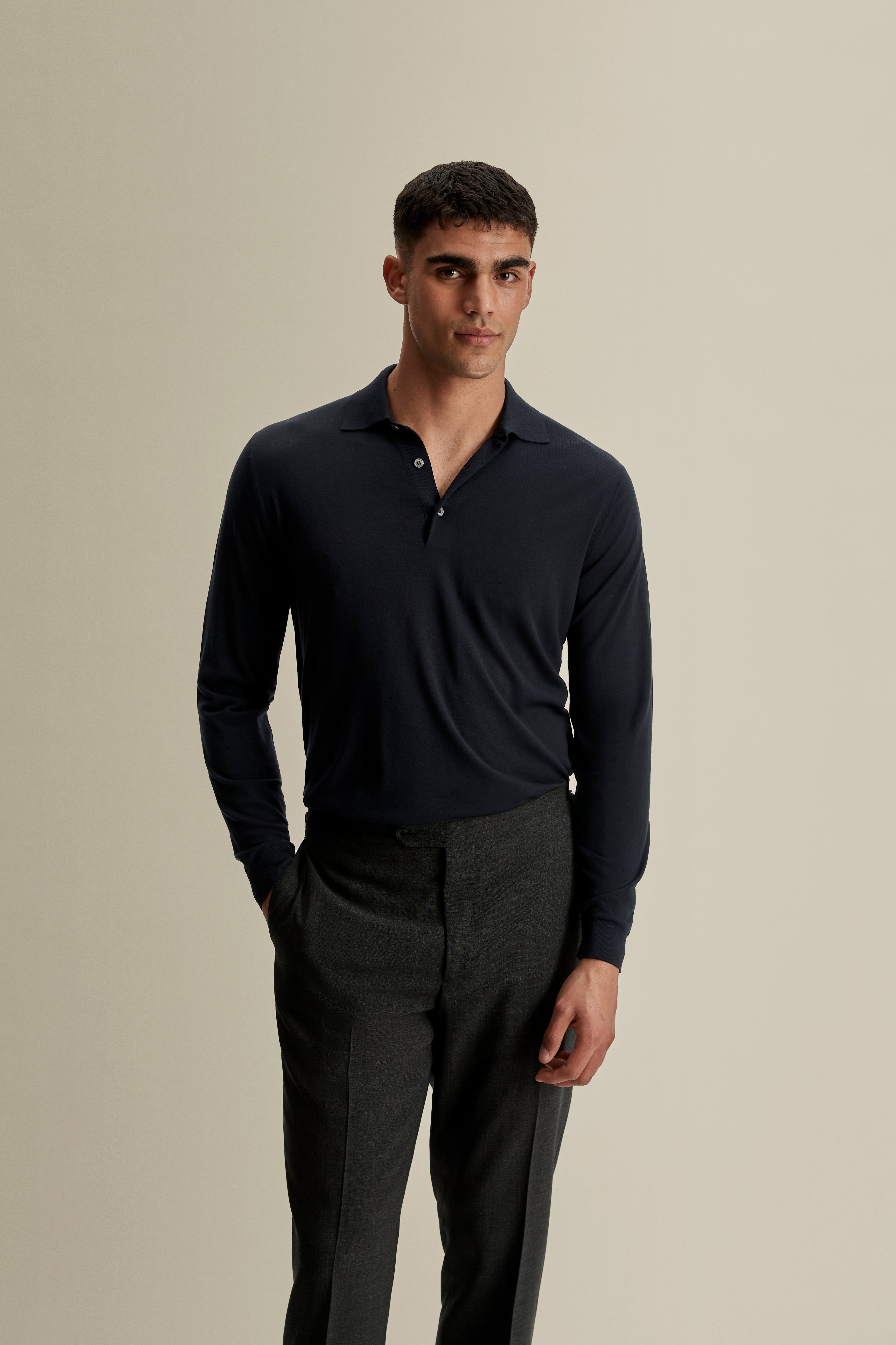Merino Wool Fine Gauge Long Sleeve Polo Shirt Cropped Model Image