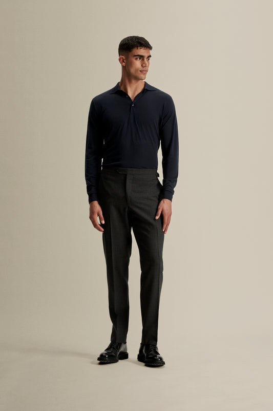 Merino Wool Fine Gauge Long Sleeve Polo Shirt Full Length Model Image