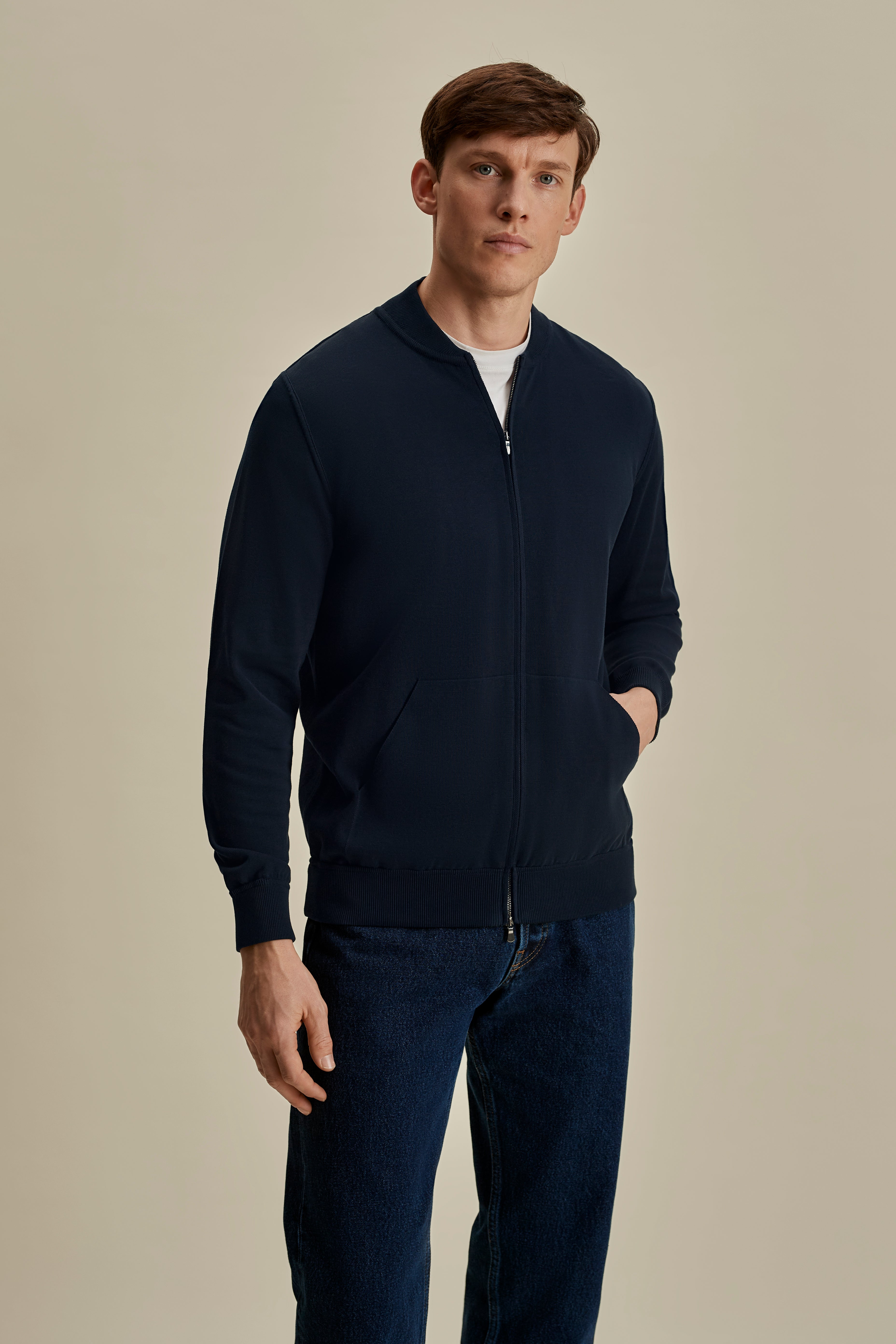 Cotton Zip-Through Baseball Collar Knit Navy Mid Crop Model Image