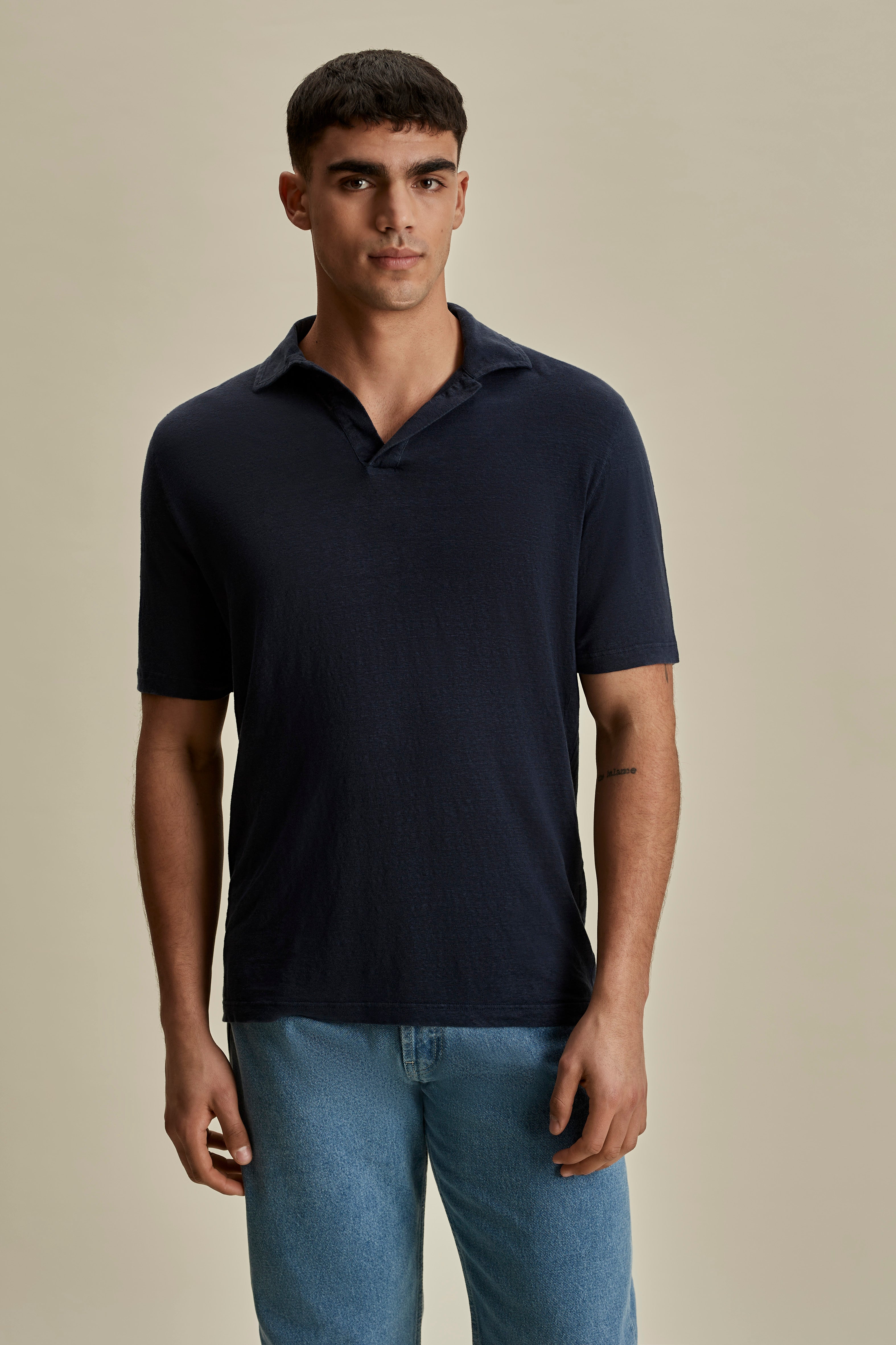 Linen Skipper Polo Shirt Navy Mid Crop Product Image