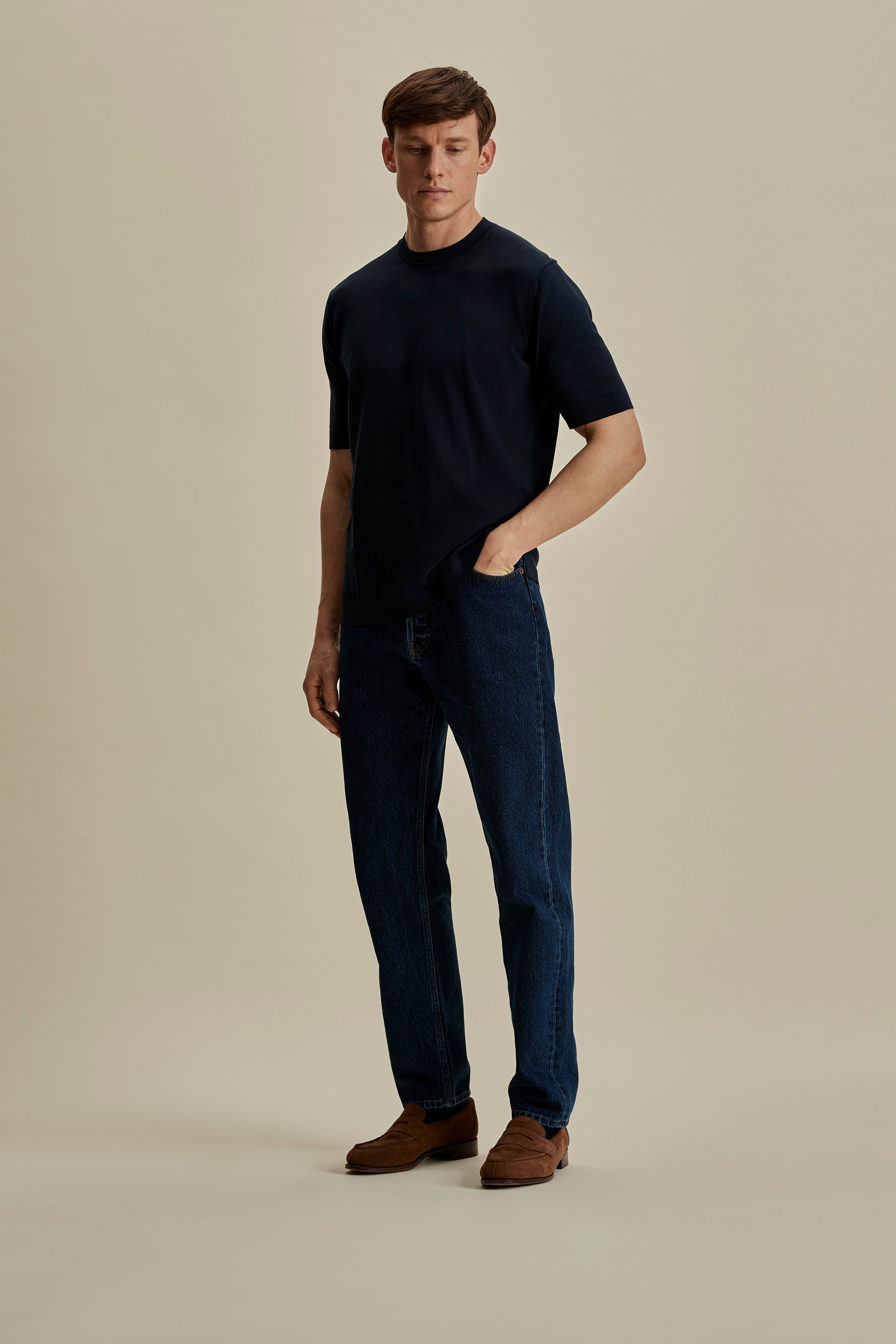 Crepe Cotton T-Shirt Navy Full Length Model Image
