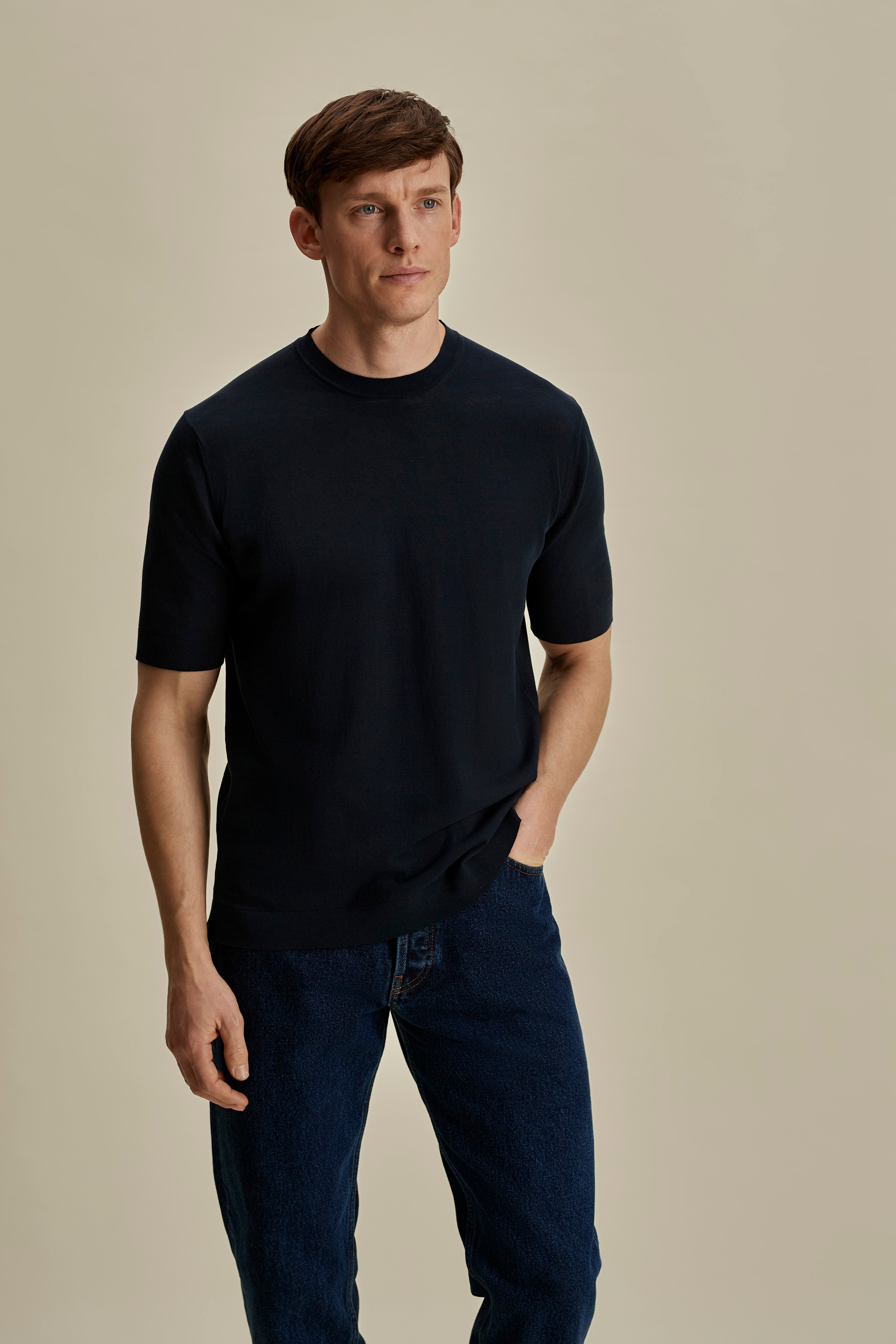 Crepe Cotton T-Shirt Navy Mid Crop Model Image
