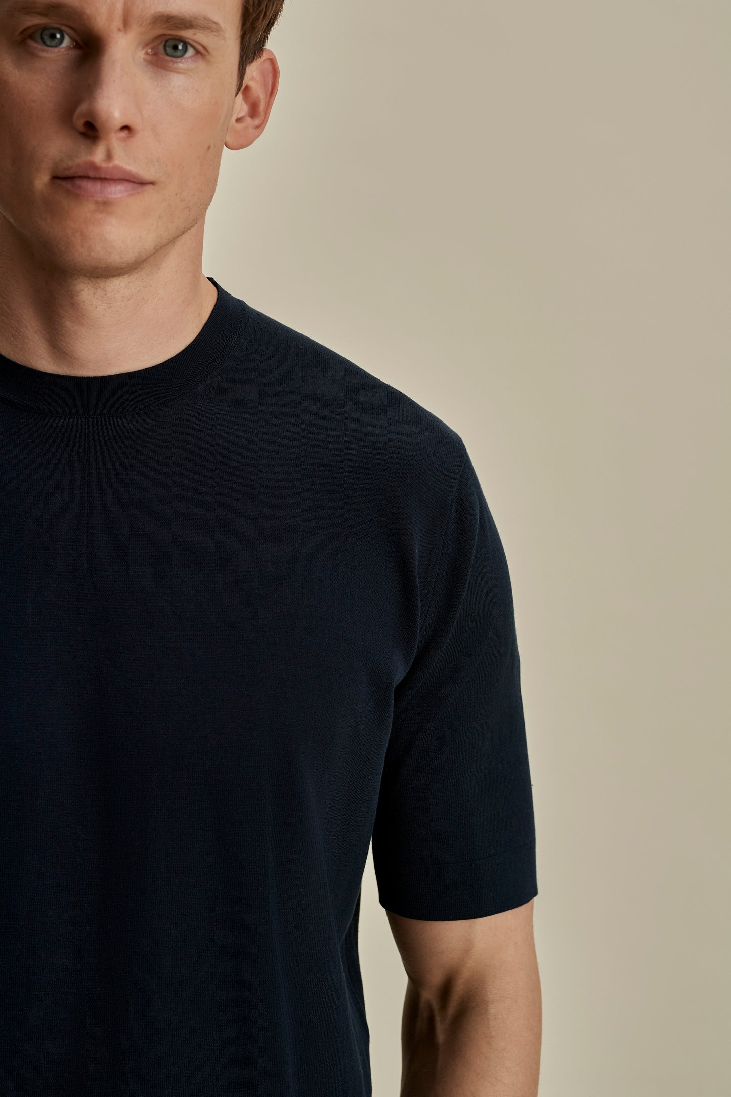 Crepe Cotton T-Shirt Navy Detail Model Image