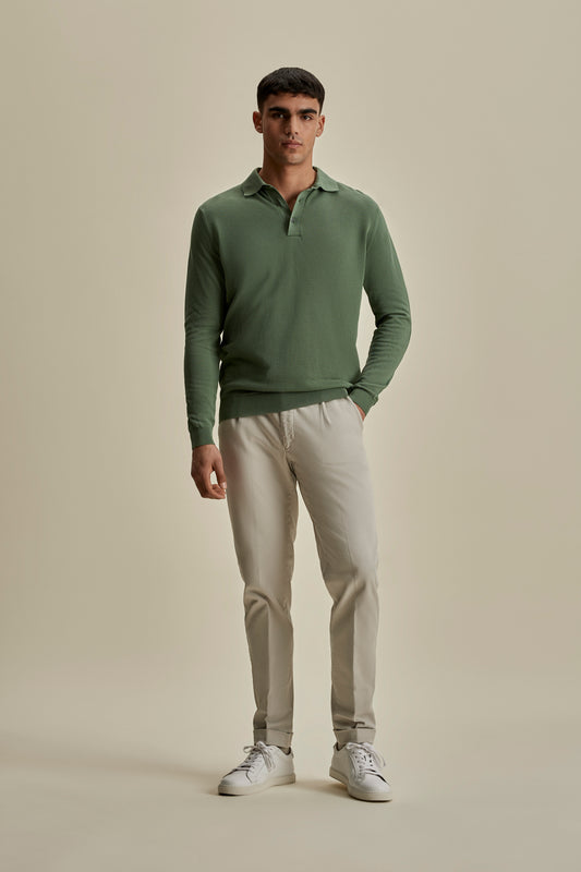Cotton Air Crepe Long Sleeve Polo Shirt Sage Full Length Model Image