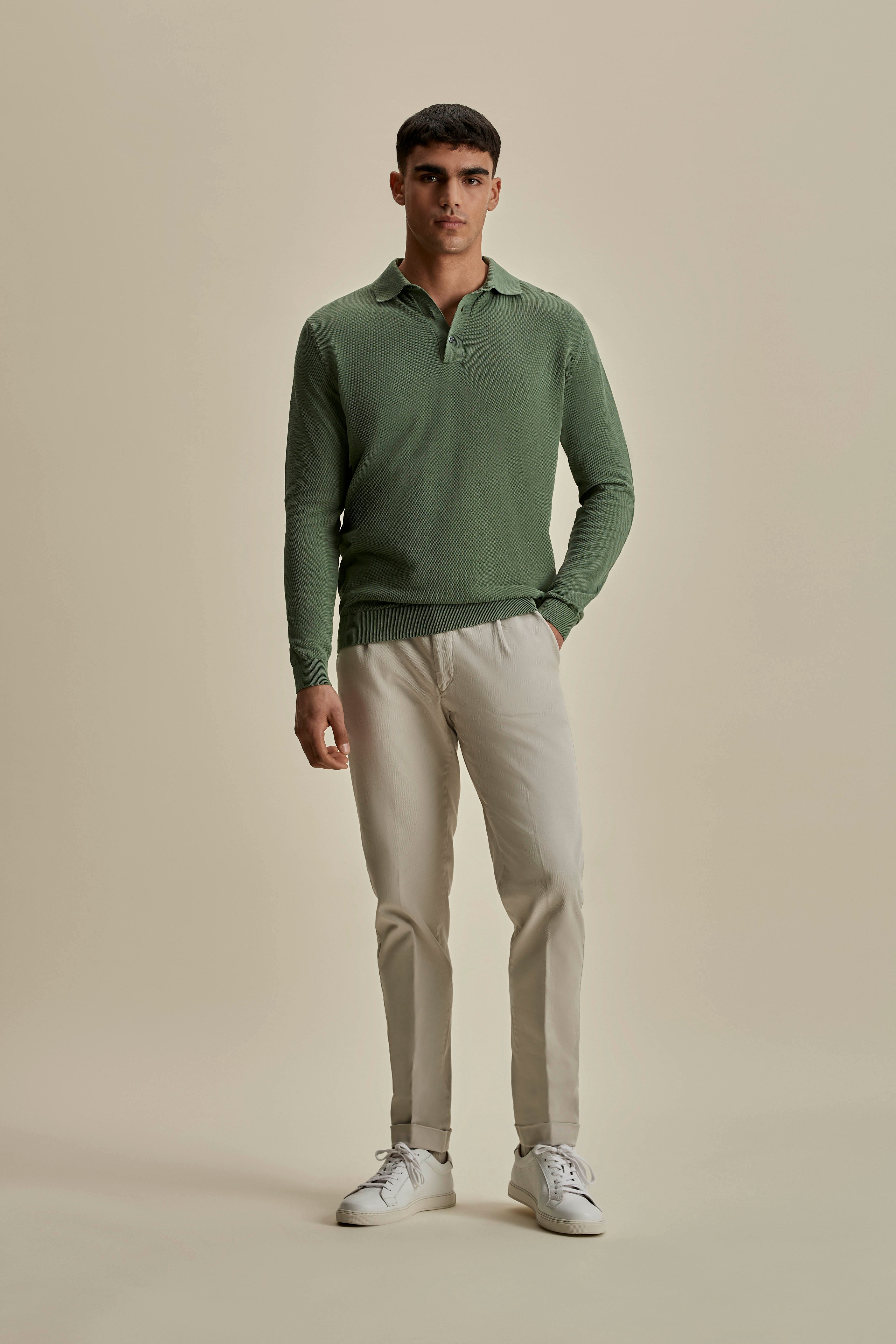 Cotton Twill Drawstring Tailored Trousers Off White Full Length Model Image