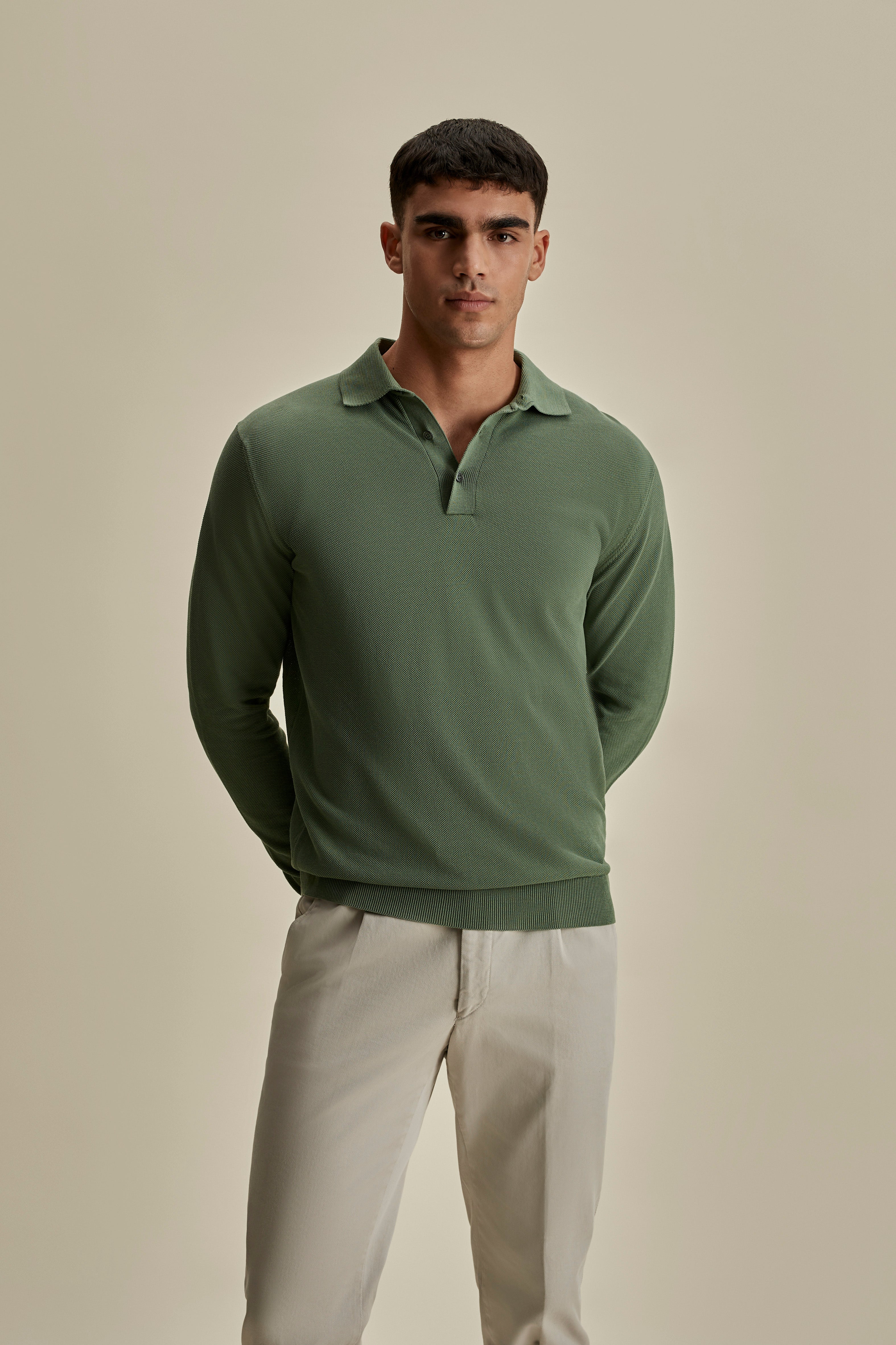 Cotton Air Crepe Long Sleeve Polo Shirt Sage Mid Crop Model Image