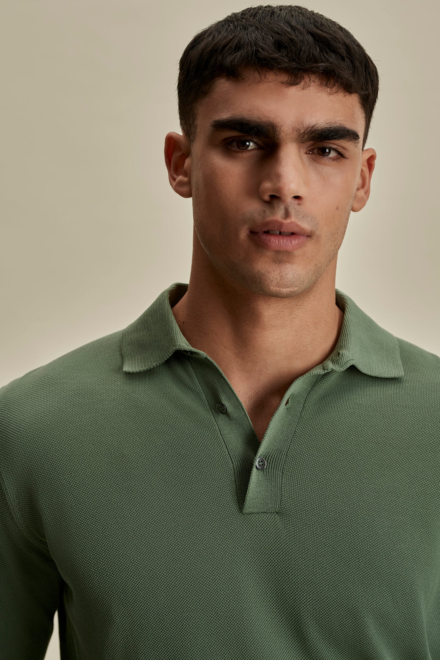 Cotton Air Crepe Long Sleeve Polo Shirt Sage Detail Model Image
