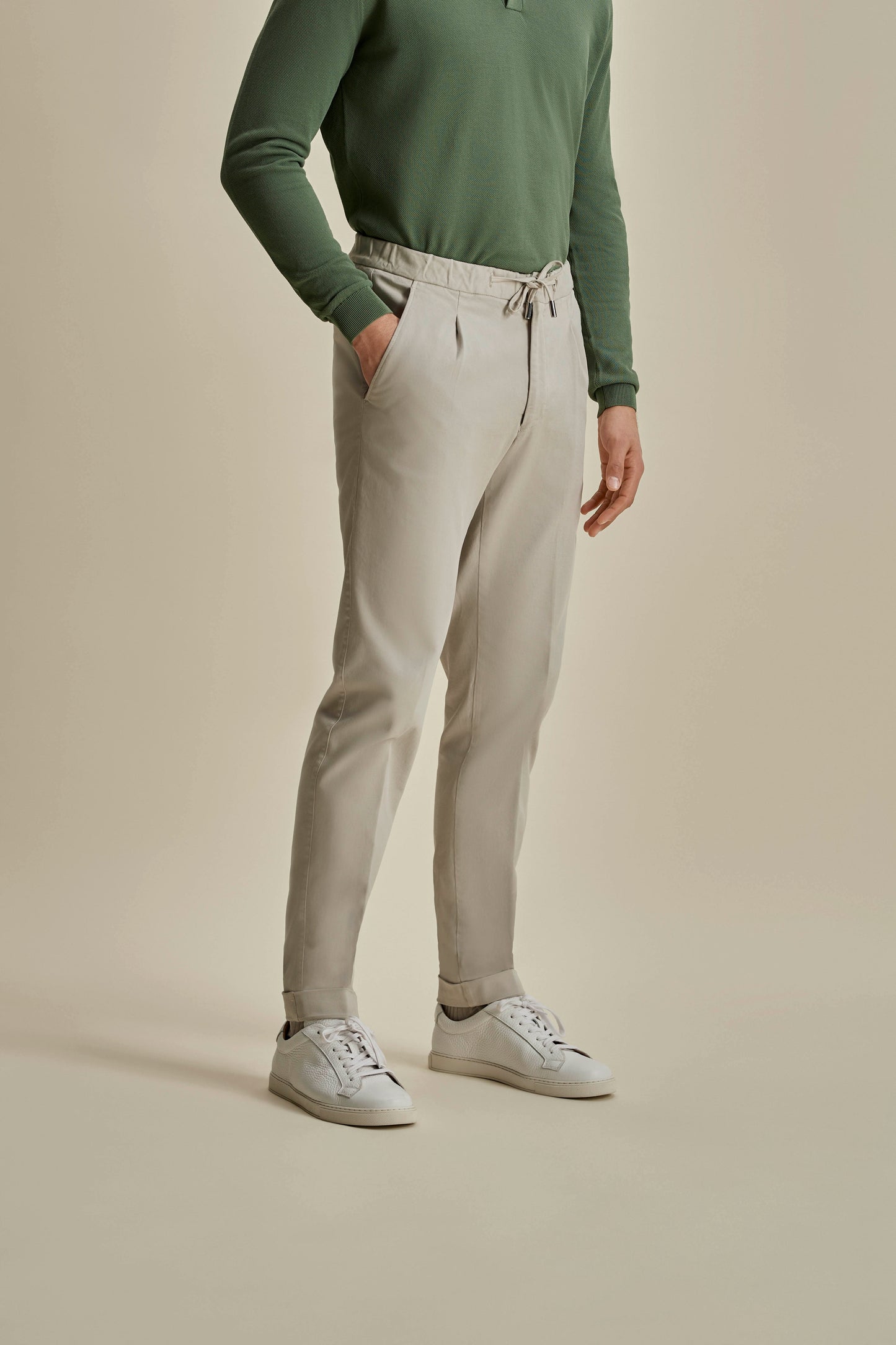 Cotton Twill Drawstring Tailored Trousers Off White Mid Crop Model Image