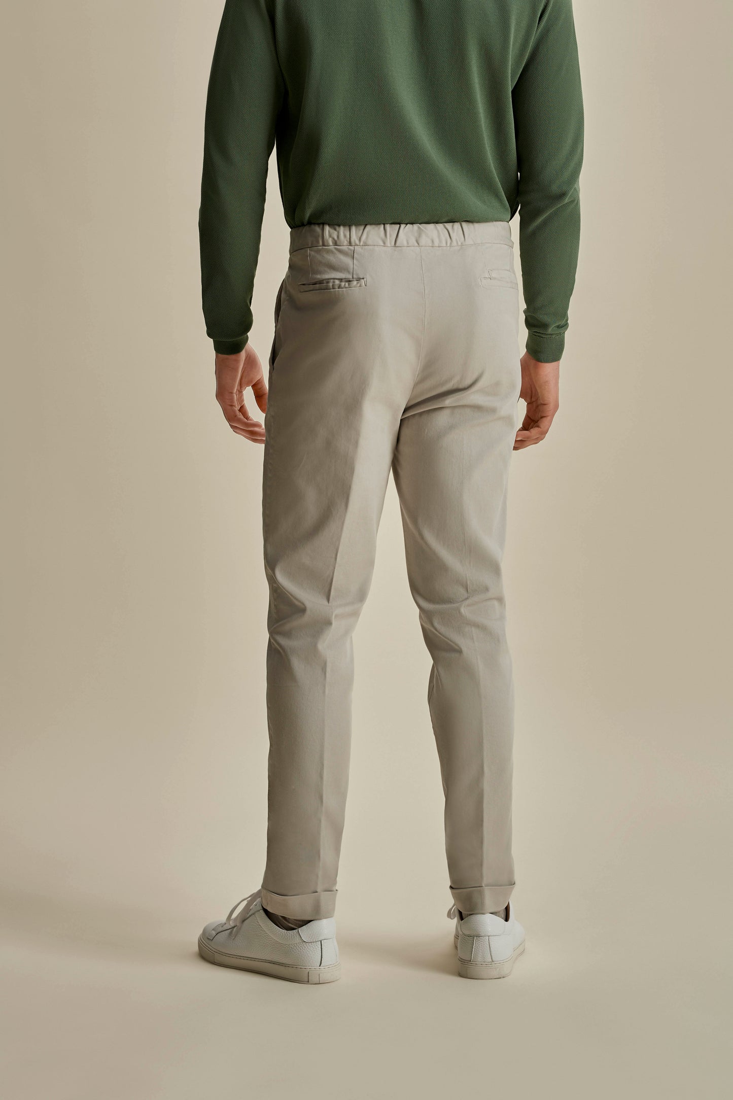 Cotton Twill Drawstring Tailored Trousers Off White Back Model Image