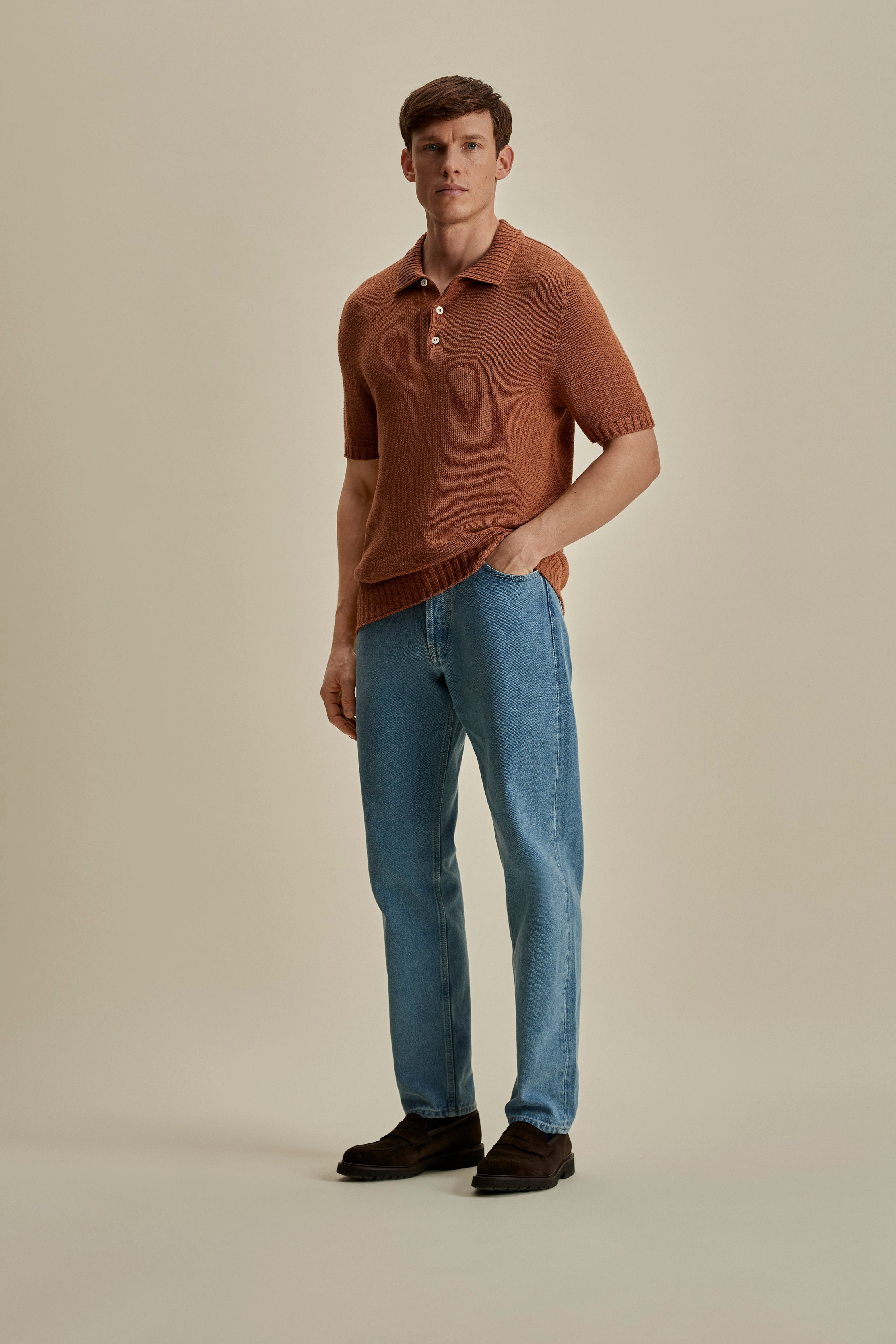 Bourette Silk Wide Gauge Cable Polo Shirt Terracotta Full Length Model Image