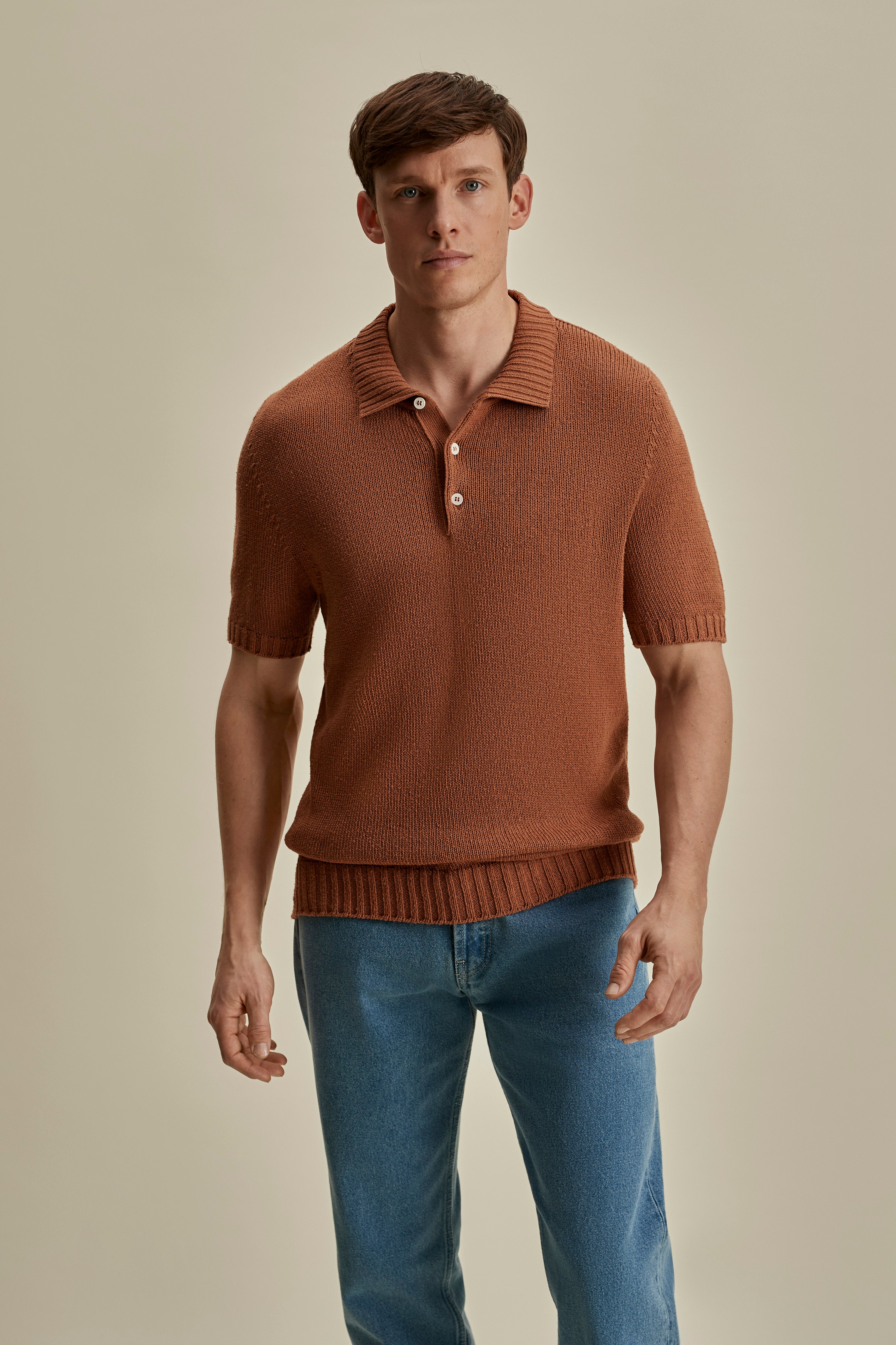 Bourette Silk Wide Gauge Cable Polo Shirt Terracotta Mid Crop Model Image