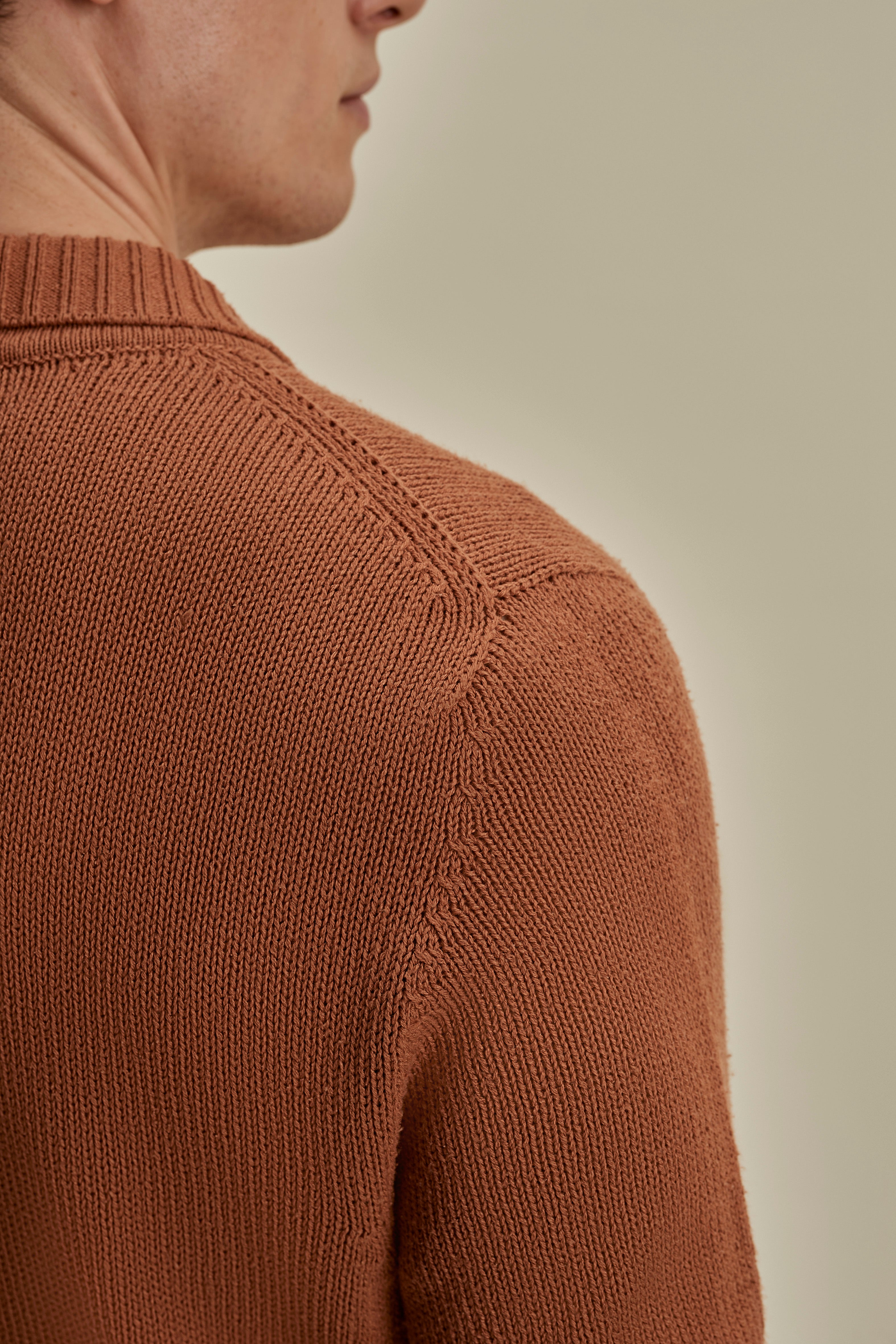 Bourette Silk Wide Gauge Cable Polo Shirt Terracotta Detail Model Image