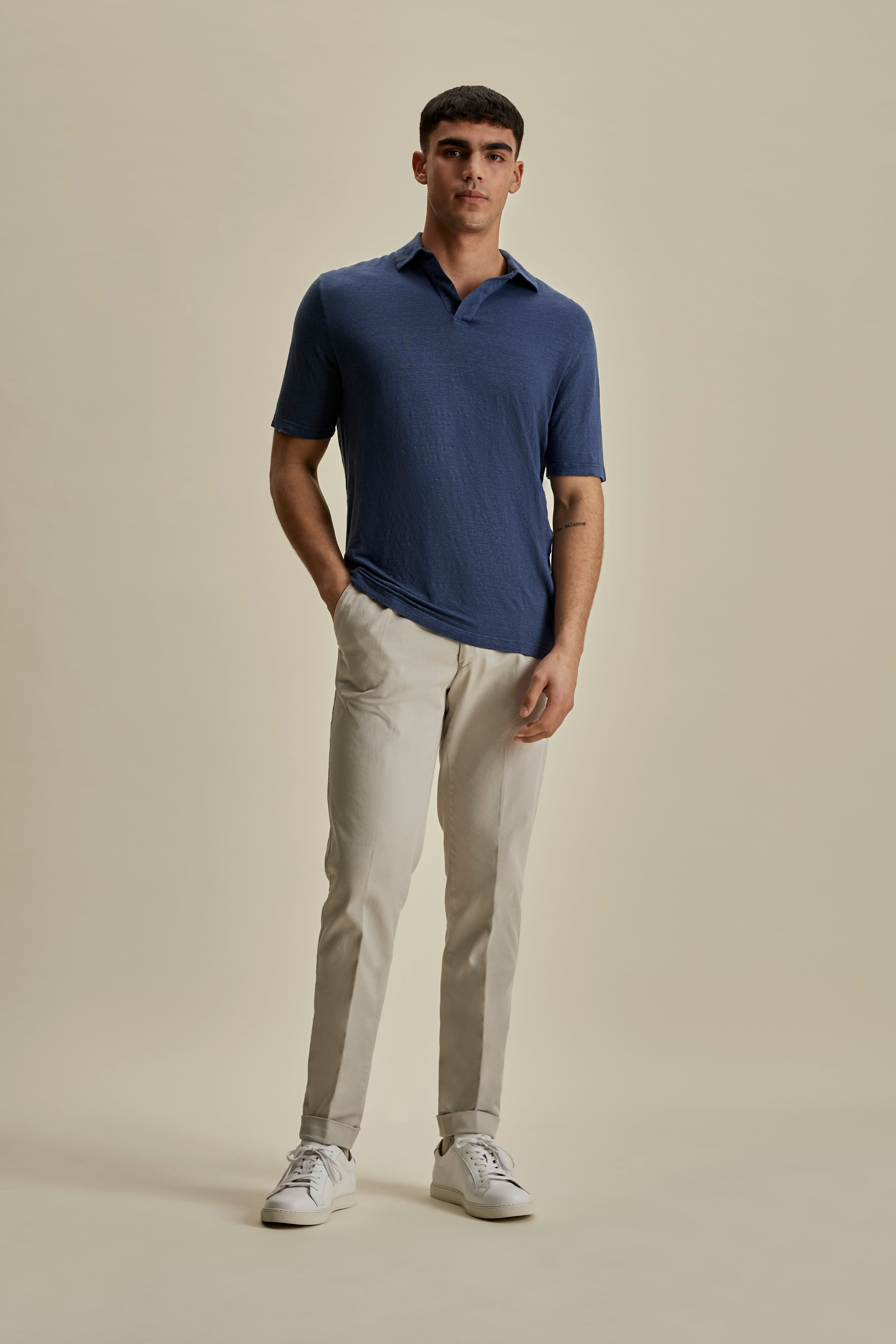 Linen Skipper Polo Shirt Denim Full Length Model Image